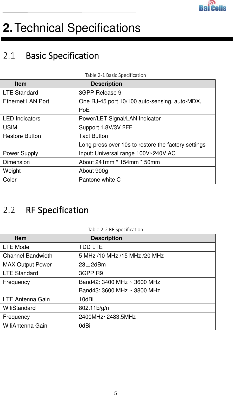  5  2. Technical Specifications 2.1 Basic Specification Table 2-1 Basic Specification Item Description LTE Standard 3GPP Release 9 Ethernet LAN Port One RJ-45 port 10/100 auto-sensing, auto-MDX, PoE LED Indicators Power/LET Signal/LAN Indicator USIM Support 1.8V/3V 2FF Restore Button Tact Button Long press over 10s to restore the factory settings Power Supply Input: Universal range 100V~240V AC Dimension About 241mm * 154mm * 50mm Weight About 900g Color Pantone white C  2.2 RF Specification Table 2-2 RF Specification Item Description LTE Mode TDD LTE Channel Bandwidth 5 MHz /10 MHz /15 MHz /20 MHz MAX Output Power 23±2dBm LTE Standard 3GPP R9 Frequency Band42: 3400 MHz ~ 3600 MHz Band43: 3600 MHz ~ 3800 MHz LTE Antenna Gain 10dBi WifiStandard 802.11b/g/n Frequency 2400MHz~2483.5MHz WifiAntenna Gain 0dBi  