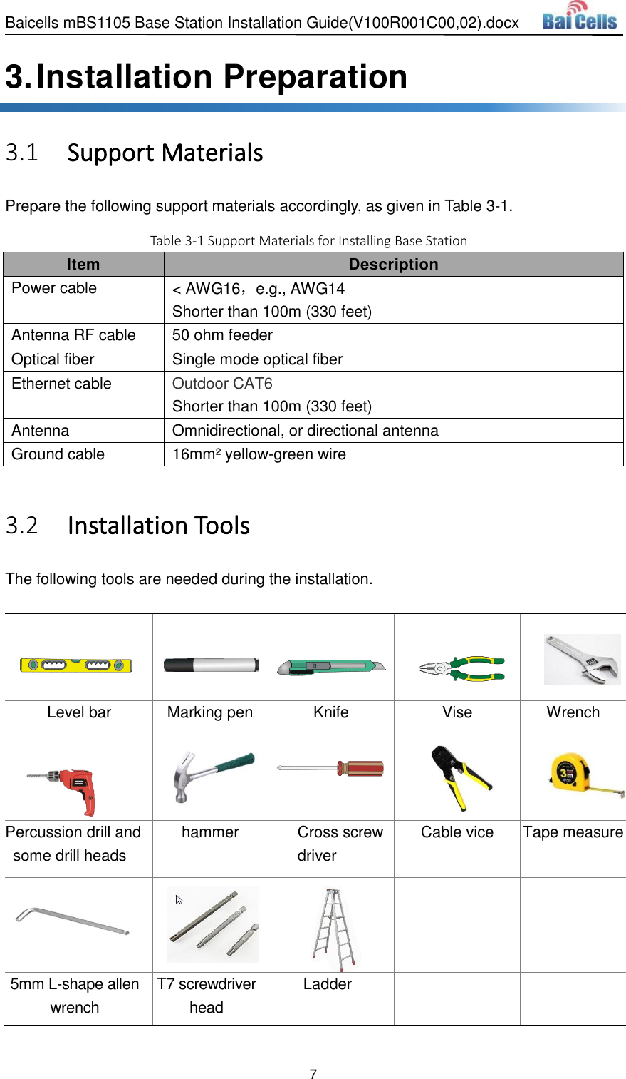 Baicells mBS1105 Base Station Installation Guide(V100R001C00,02).docx 7  3. Installation Preparation  Support Materials 3.1Prepare the following support materials accordingly, as given in Table 3-1. Table 3-1 Support Materials for Installing Base Station Item Description Power cable &lt; AWG16，e.g., AWG14 Shorter than 100m (330 feet) Antenna RF cable 50 ohm feeder Optical fiber Single mode optical fiber Ethernet cable Outdoor CAT6 Shorter than 100m (330 feet) Antenna Omnidirectional, or directional antenna Ground cable 16mm² yellow-green wire   Installation Tools 3.2The following tools are needed during the installation.              Level bar Marking pen Knife Vise Wrench            Percussion drill and some drill heads hammer Cross screw driver Cable vice Tape measure      5mm L-shape allen wrench T7 screwdriver head Ladder   