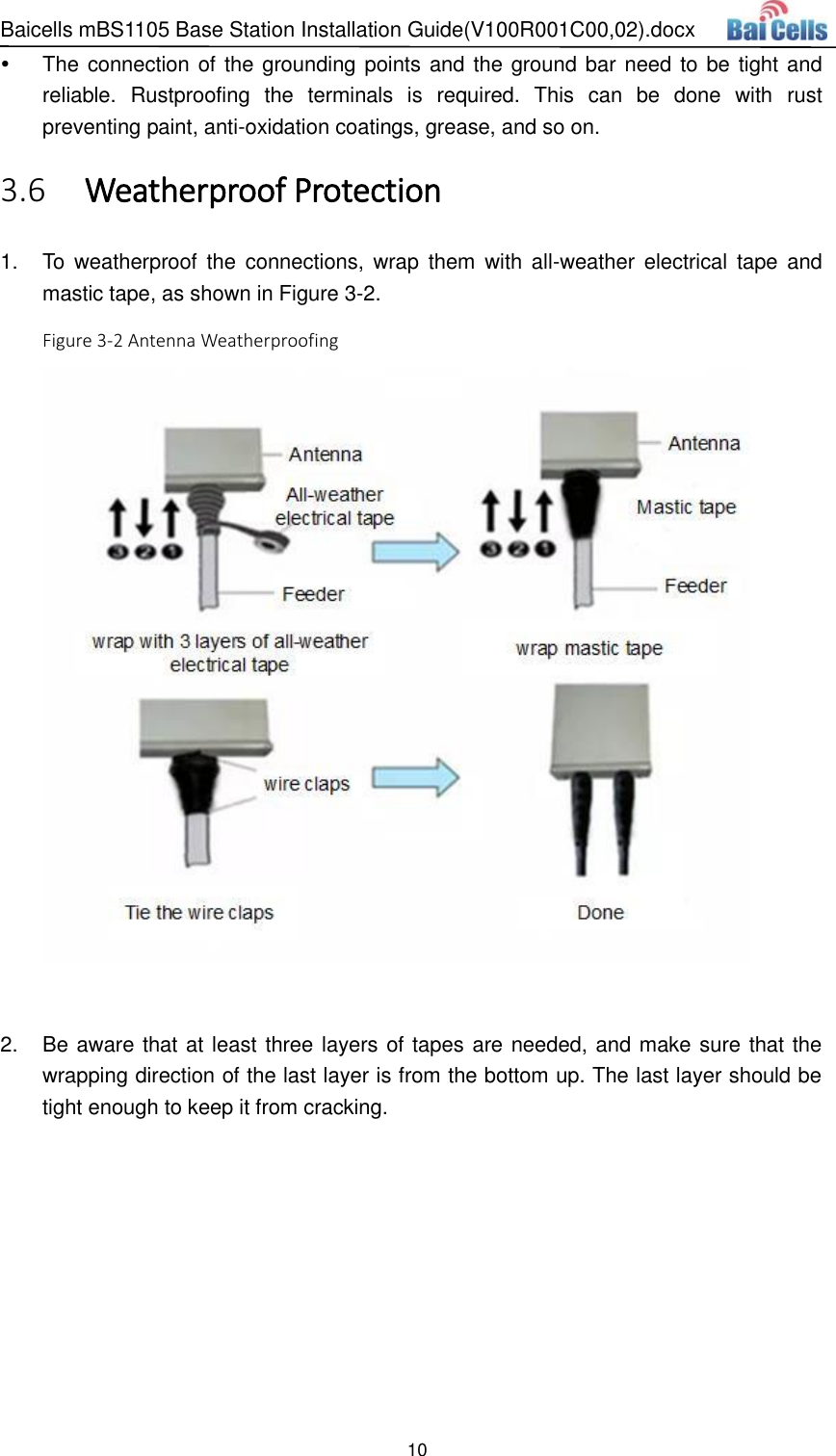 Baicells mBS1105 Base Station Installation Guide(V100R001C00,02).docx 10   The connection of the grounding points and the ground bar need to be tight and reliable.  Rustproofing  the  terminals  is  required.  This  can  be  done  with  rust preventing paint, anti-oxidation coatings, grease, and so on.  Weatherproof Protection 3.61.  To  weatherproof  the  connections, wrap  them  with  all-weather  electrical  tape  and mastic tape, as shown in Figure 3-2.   Figure 3-2 Antenna Weatherproofing   2.  Be aware that at least three layers of tapes are needed, and make sure that the wrapping direction of the last layer is from the bottom up. The last layer should be tight enough to keep it from cracking.    