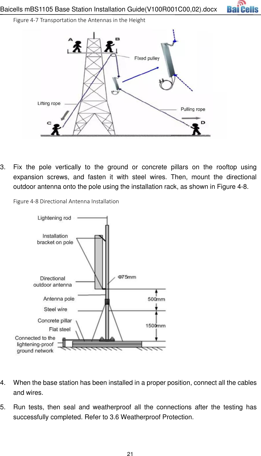 Baicells mBS1105 Base Station Installation Guide(V100R001C00,02).docx 21  Figure 4-7 Transportation the Antennas in the Height   3.  Fix  the  pole  vertically  to  the  ground  or  concrete  pillars  on  the  rooftop  using expansion  screws,  and  fasten  it  with  steel  wires.  Then,  mount  the  directional outdoor antenna onto the pole using the installation rack, as shown in Figure 4-8. Figure 4-8 Directional Antenna Installation   4.  When the base station has been installed in a proper position, connect all the cables and wires. 5.  Run  tests,  then  seal  and  weatherproof  all  the  connections  after  the  testing  has successfully completed. Refer to 3.6 Weatherproof Protection.  