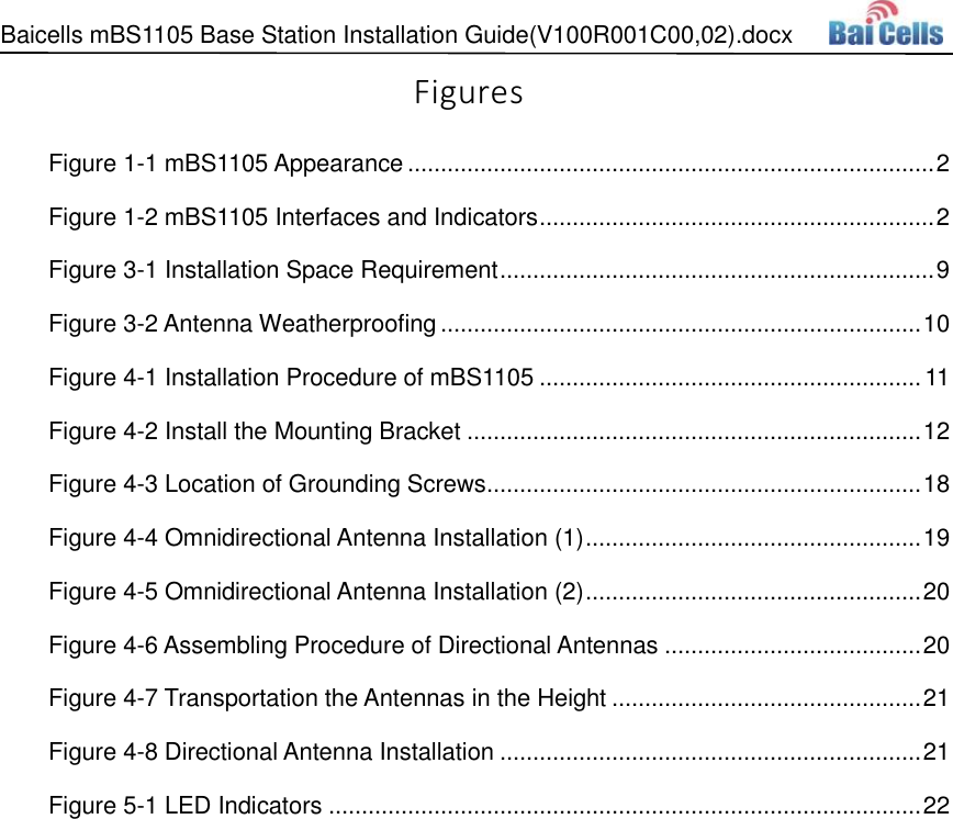 Baicells mBS1105 Base Station Installation Guide(V100R001C00,02).docx   Figures Figure 1-1 mBS1105 Appearance ................................................................................ 2 Figure 1-2 mBS1105 Interfaces and Indicators ............................................................ 2 Figure 3-1 Installation Space Requirement .................................................................. 9 Figure 3-2 Antenna Weatherproofing ......................................................................... 10 Figure 4-1 Installation Procedure of mBS1105 .......................................................... 11 Figure 4-2 Install the Mounting Bracket ..................................................................... 12 Figure 4-3 Location of Grounding Screws .................................................................. 18 Figure 4-4 Omnidirectional Antenna Installation (1) ................................................... 19 Figure 4-5 Omnidirectional Antenna Installation (2) ................................................... 20 Figure 4-6 Assembling Procedure of Directional Antennas ....................................... 20 Figure 4-7 Transportation the Antennas in the Height ............................................... 21 Figure 4-8 Directional Antenna Installation ................................................................ 21 Figure 5-1 LED Indicators .......................................................................................... 22  