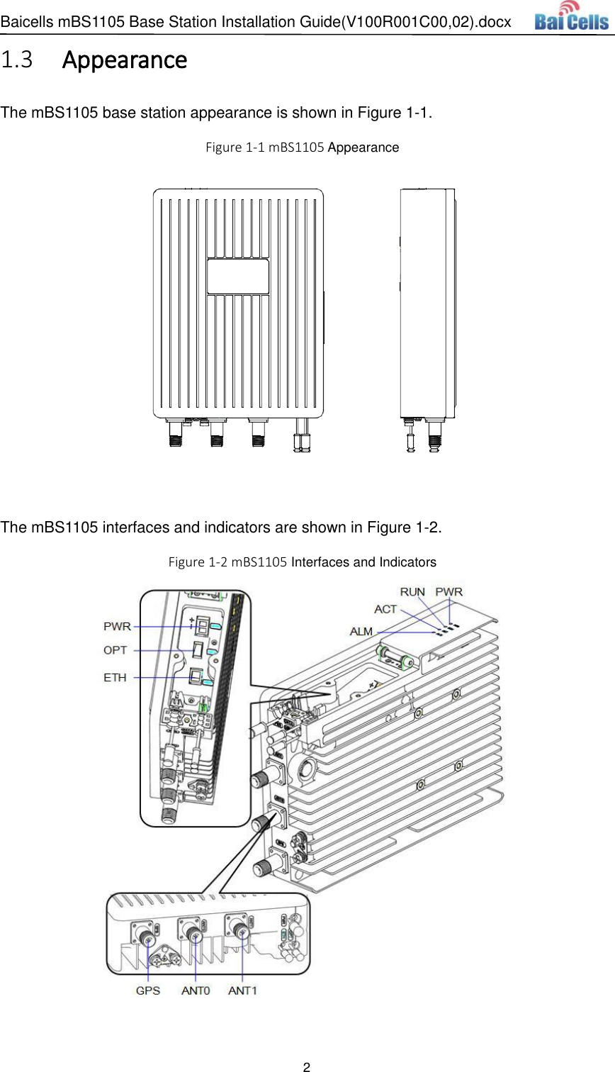 Baicells mBS1105 Base Station Installation Guide(V100R001C00,02).docx 2   Appearance 1.3The mBS1105 base station appearance is shown in Figure 1-1. Figure 1-1 mBS1105 Appearance   The mBS1105 interfaces and indicators are shown in Figure 1-2. Figure 1-2 mBS1105 Interfaces and Indicators   