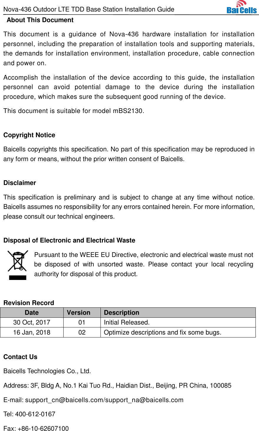 Page 2 of Baicells Technologies MBS2130 LTE-TDD Base Station User Manual Nova 436 Outdoor LTE TDD Base Station