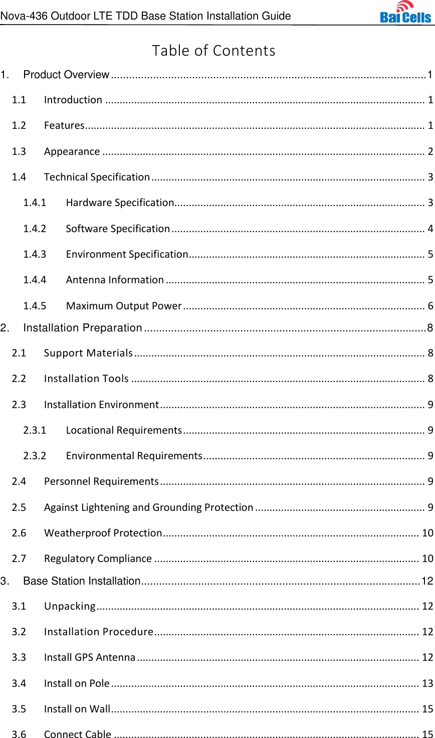 Page 3 of Baicells Technologies MBS2130 LTE-TDD Base Station User Manual Nova 436 Outdoor LTE TDD Base Station