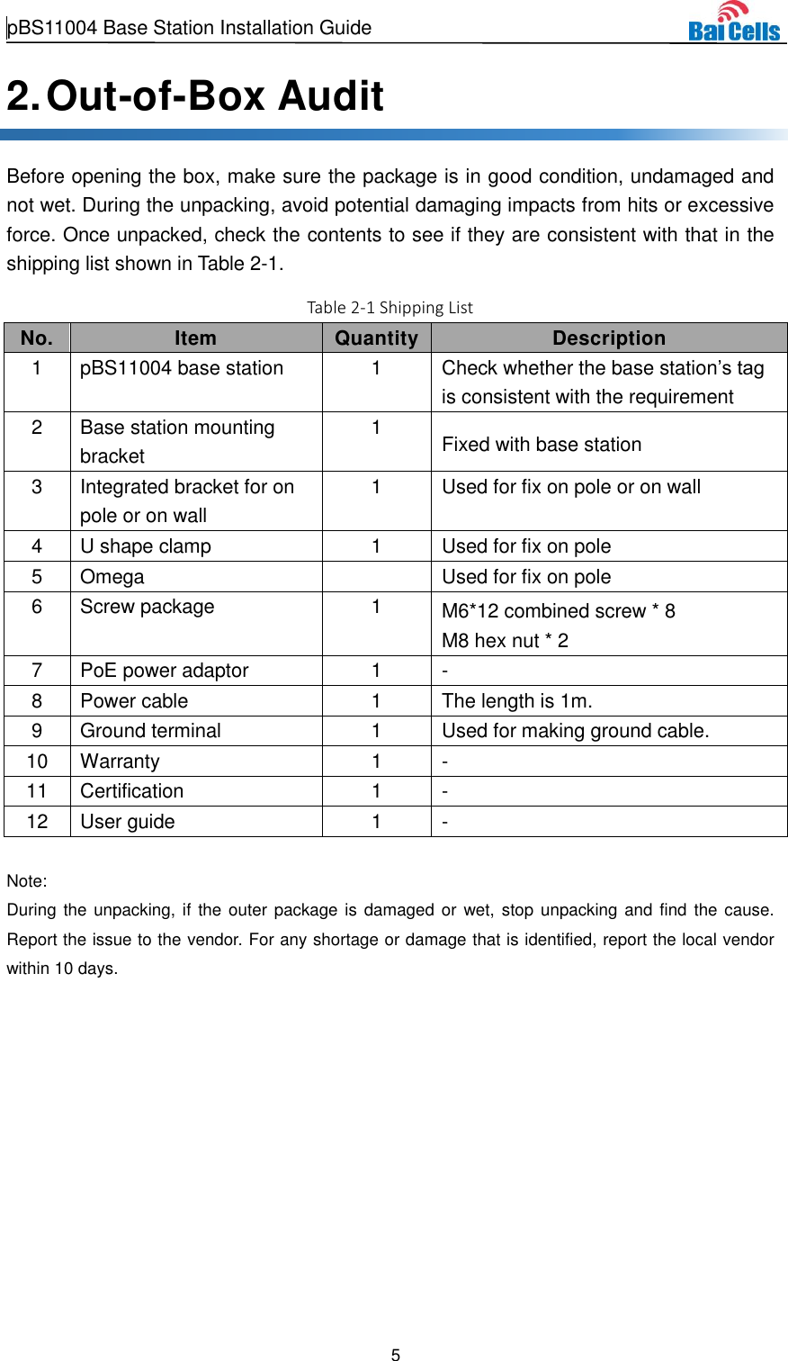  pBS11004 Base Station Installation Guide   5  2. Out-of-Box Audit Before opening the box, make sure the package is in good condition, undamaged and not wet. During the unpacking, avoid potential damaging impacts from hits or excessive force. Once unpacked, check the contents to see if they are consistent with that in the shipping list shown in Table 2-1. Table 2-1 Shipping List No. Item Quantity Description 1 pBS11004 base station 1 Check whether the base station’s tag is consistent with the requirement 2 Base station mounting bracket 1 Fixed with base station 3 Integrated bracket for on pole or on wall   1 Used for fix on pole or on wall 4 U shape clamp 1 Used for fix on pole 5 Omega  Used for fix on pole 6 Screw package 1 M6*12 combined screw * 8 M8 hex nut * 2 7 PoE power adaptor 1 - 8 Power cable 1 The length is 1m. 9 Ground terminal 1 Used for making ground cable. 10 Warranty 1 - 11 Certification 1 - 12 User guide 1 -  Note: During the unpacking, if the outer package is damaged  or  wet, stop unpacking and find the cause. Report the issue to the vendor. For any shortage or damage that is identified, report the local vendor within 10 days.  