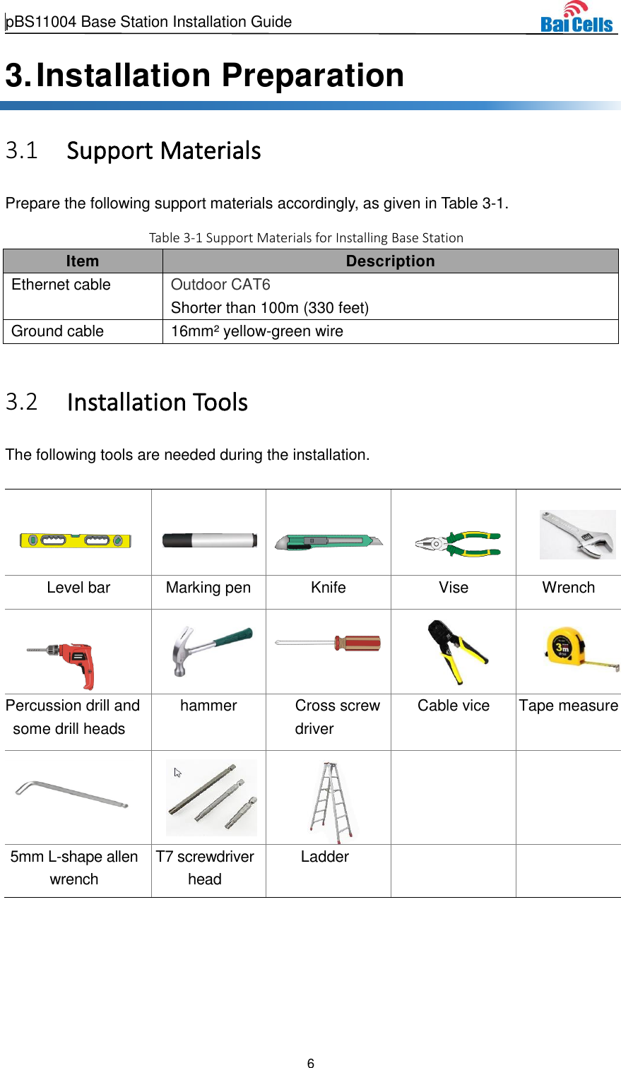  pBS11004 Base Station Installation Guide   6  3. Installation Preparation  Support Materials 3.1Prepare the following support materials accordingly, as given in Table 3-1. Table 3-1 Support Materials for Installing Base Station Item Description Ethernet cable Outdoor CAT6 Shorter than 100m (330 feet) Ground cable 16mm² yellow-green wire   Installation Tools 3.2The following tools are needed during the installation.              Level bar Marking pen Knife Vise Wrench            Percussion drill and some drill heads hammer Cross screw driver Cable vice Tape measure      5mm L-shape allen wrench T7 screwdriver head Ladder   