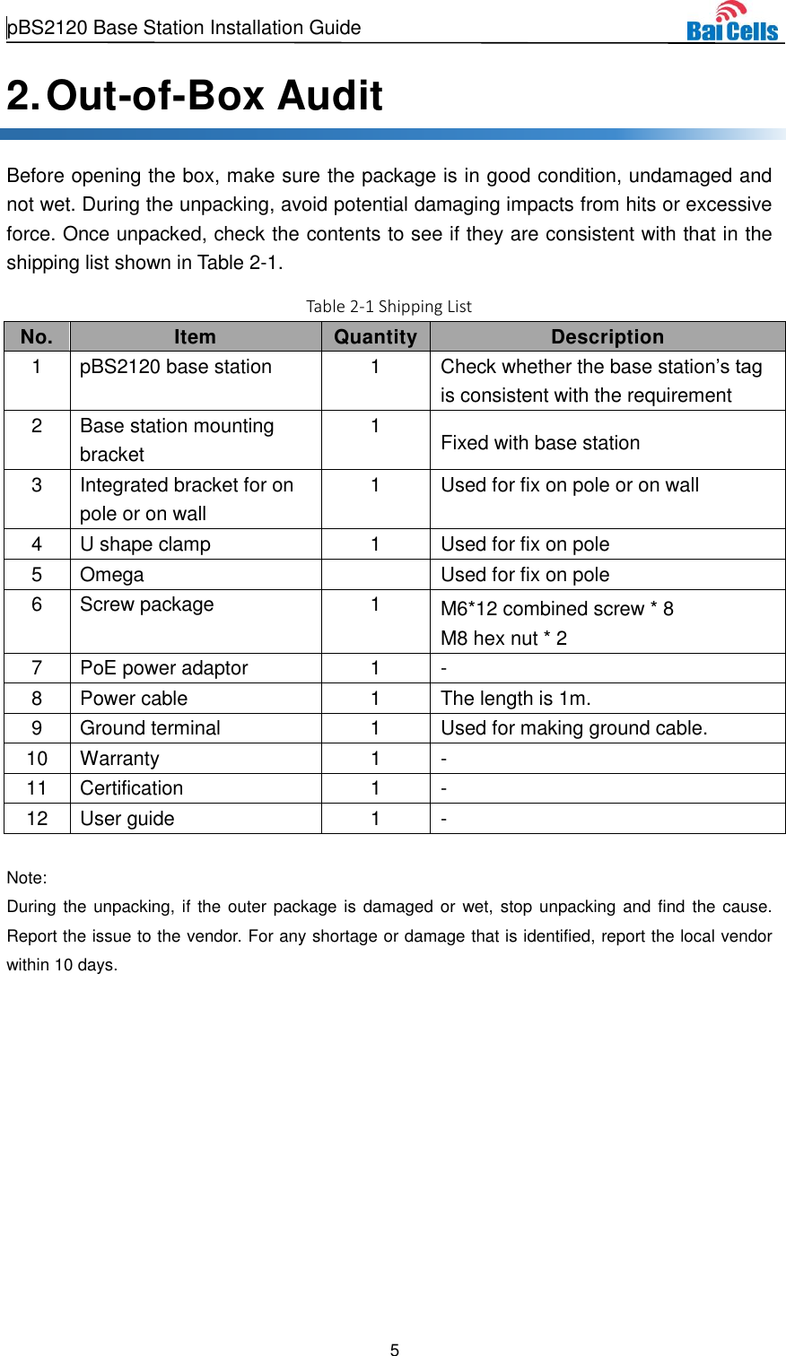  pBS2120 Base Station Installation Guide   5  2. Out-of-Box Audit Before opening the box, make sure the package is in good condition, undamaged and not wet. During the unpacking, avoid potential damaging impacts from hits or excessive force. Once unpacked, check the contents to see if they are consistent with that in the shipping list shown in Table 2-1. Table 2-1 Shipping List No. Item Quantity Description 1 pBS2120 base station 1 Check whether the base station’s tag is consistent with the requirement 2 Base station mounting bracket 1 Fixed with base station 3 Integrated bracket for on pole or on wall   1 Used for fix on pole or on wall 4 U shape clamp 1 Used for fix on pole 5 Omega  Used for fix on pole 6 Screw package 1 M6*12 combined screw * 8 M8 hex nut * 2 7 PoE power adaptor 1 - 8 Power cable 1 The length is 1m. 9 Ground terminal 1 Used for making ground cable. 10 Warranty 1 - 11 Certification 1 - 12 User guide 1 -  Note: During the unpacking,  if  the outer package is  damaged  or  wet, stop unpacking and find the cause. Report the issue to the vendor. For any shortage or damage that is identified, report the local vendor within 10 days.  