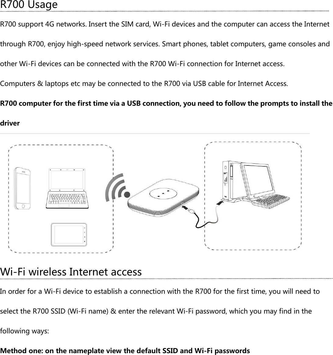 R700 Usage R700 support 4G networks. Insert the SIM card, Wi-Fi devices and the computer can access the Internet through R700, enjoy high-speed network services. Smart phones, tablet computers, game consoles and other Wi-Fi devices can be connected with the R700 Wi-Fi connection for Internet access. Computers &amp; laptops etc may be connected to the R700 via USB cable for Internet Access. R700 computer for the first time via a USB connection, you need to follow the prompts to install the driver  Wi-Fi wireless Internet access In order for a Wi-Fi device to establish a connection with the R700 for the first time, you will need to select the R700 SSID (Wi-Fi name) &amp; enter the relevant Wi-Fi password, which you may find in the following ways: Method one: on the nameplate view the default SSID and Wi-Fi passwords 