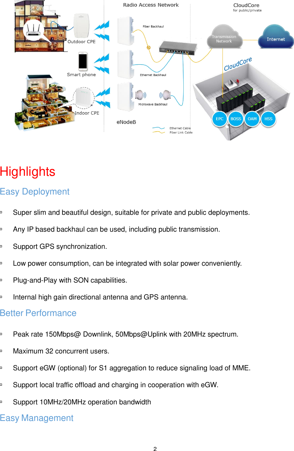  2   Highlights Easy Deployment   Super slim and beautiful design, suitable for private and public deployments.   Any IP based backhaul can be used, including public transmission.   Support GPS synchronization.   Low power consumption, can be integrated with solar power conveniently.   Plug-and-Play with SON capabilities.   Internal high gain directional antenna and GPS antenna. Better Performance   Peak rate 150Mbps@ Downlink, 50Mbps@Uplink with 20MHz spectrum.   Maximum 32 concurrent users.   Support eGW (optional) for S1 aggregation to reduce signaling load of MME.   Support local traffic offload and charging in cooperation with eGW.   Support 10MHz/20MHz operation bandwidth Easy Management 