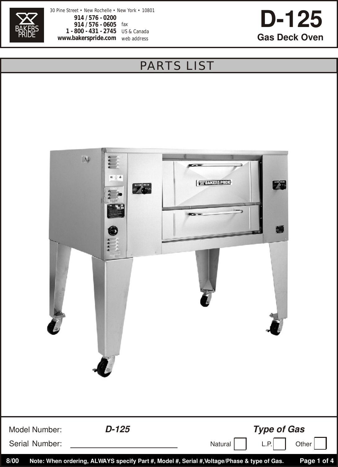 Page 1 of 4 - Bakers-Pride-Oven Bakers-Pride-Oven-Bakers-Pride-D-125-Users-Manual- D125 Parts List  Bakers-pride-oven-bakers-pride-d-125-users-manual