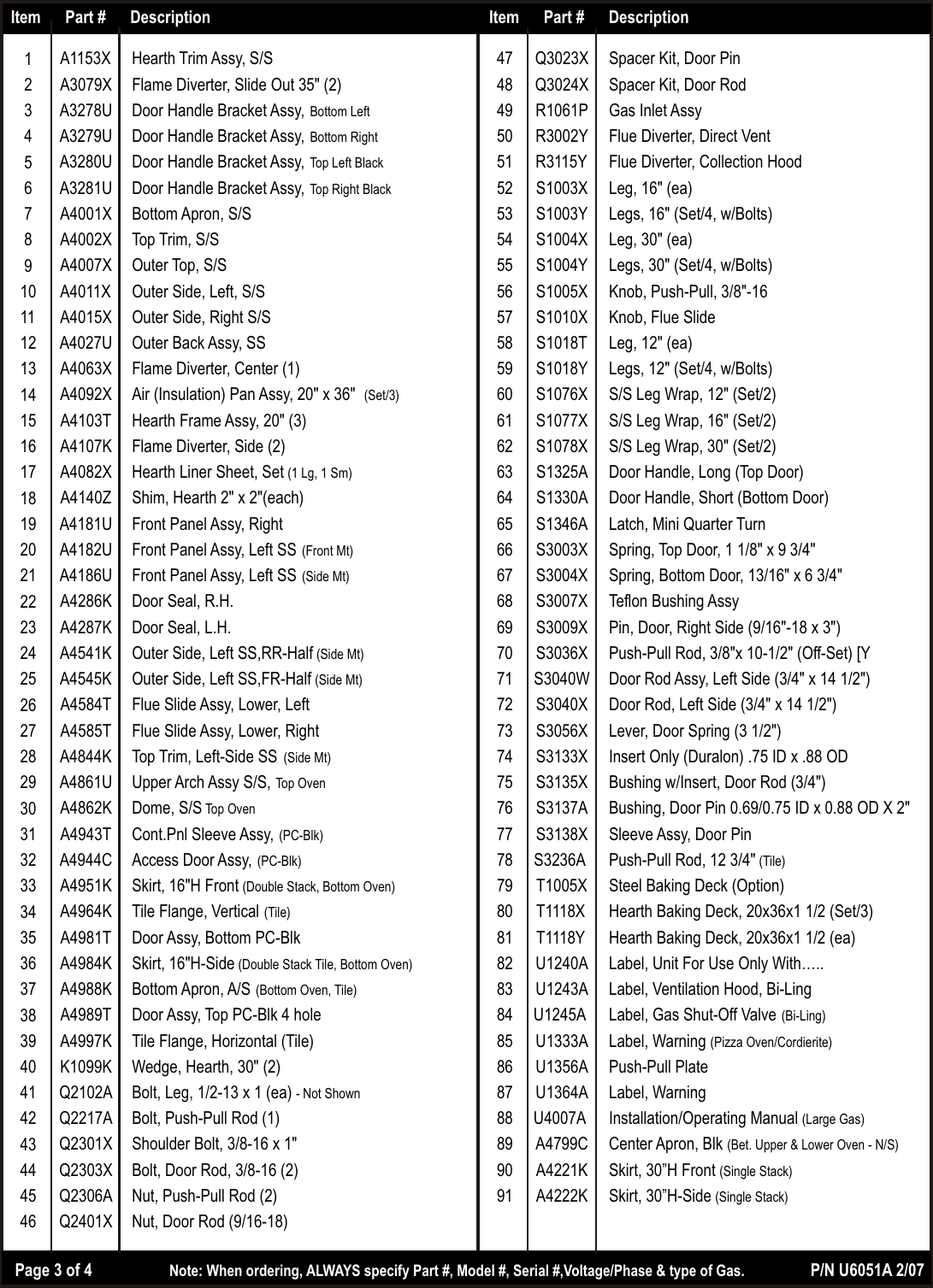 Page 3 of 4 - Bakers-Pride-Oven Bakers-Pride-Oven-Super-Deck-6-Y-600-Dsp-Users-Manual- Y-600 DSP Parts List U6051A 2-07  Bakers-pride-oven-super-deck-6-y-600-dsp-users-manual