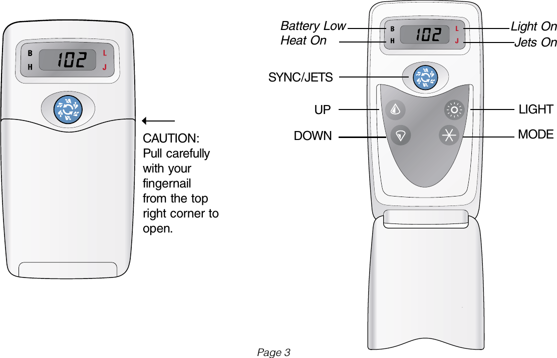 CAUTION:Pull carefully with your fingernail from the top right corner to open.SYNC/JETSUPDOWNLIGHTMODELight OnJets OnBattery LowHeat OnPage 3