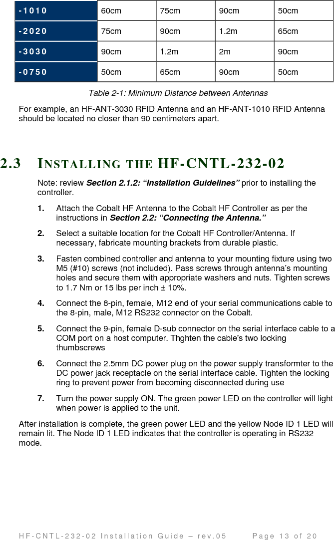                                         H F - C N T L - 2 3 2 - 0 2   I n s t a l l a t i o n   G u i d e   –   r e v . 0 5               P a g e   1 3   o f   2 0   - 1 0 1 0   60cm  75cm  90cm  50cm - 2 0 2 0   75cm  90cm  1.2m  65cm - 3 0 3 0   90cm  1.2m  2m  90cm - 0 7 5 0   50cm  65cm  90cm  50cm Table 2-1: Minimum Distance between Antennas For example, an HF-ANT-3030 RFID Antenna and an HF-ANT-1010 RFID Antenna should be located no closer than 90 centimeters apart.    2.3 IN STA L L I NG  T H E   HF- CNTL-2 32- 02 Note: review Section 2.1.2: “Installation Guidelines” prior to installing the controller. 1.  Attach the Cobalt HF Antenna to the Cobalt HF Controller as per the instructions in Section 2.2: “Connecting the Antenna.” 2.  Select a suitable location for the Cobalt HF Controller/Antenna. If necessary, fabricate mounting brackets from durable plastic. 3.  Fasten combined controller and antenna to your mounting fixture using two M5 (#10) screws (not included). Pass screws through antenna’s mounting holes and secure them with appropriate washers and nuts. Tighten screws to 1.7 Nm or 15 lbs per inch ± 10%. 4.  Connect the 8-pin, female, M12 end of your serial communications cable to the 8-pin, male, M12 RS232 connector on the Cobalt.  5.  Connect the 9-pin, female D-sub connector on the serial interface cable to a COM port on a host computer. Thghten the cable&apos;s two locking thumbscrews 6.  Connect the 2.5mm DC power plug on the power supply transformter to the DC power jack receptacle on the serial interface cable. Tighten the locking ring to prevent power from becoming disconnected during use  7.  Turn the power supply ON. The green power LED on the controller will light when power is applied to the unit. After installation is complete, the green power LED and the yellow Node ID 1 LED will remain lit. The Node ID 1 LED indicates that the controller is operating in RS232 mode.   