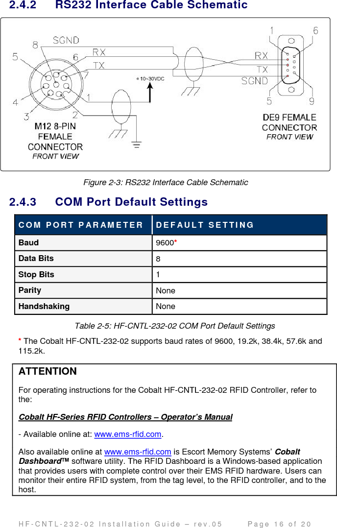                                         H F - C N T L - 2 3 2 - 0 2   I n s t a l l a t i o n   G u i d e   –   r e v . 0 5               P a g e   1 6   o f   2 0   2.4.2  RS232 Interface Cable Schematic   Figure 2-3: RS232 Interface Cable Schematic 2.4.3  COM Port Default Settings  C O M   P O R T   P A R A M E T E R   D E F AU L T   S E T T I N G  Baud  9600*    Data Bits  8 Stop Bits  1 Parity  None Handshaking  None Table 2-5: HF-CNTL-232-02 COM Port Default Settings *The Cobalt HF-CNTL-232-02 supports baud rates of 9600, 19.2k, 38.4k, 57.6k and 115.2k.  ATTENTION For operating instructions for the Cobalt HF-CNTL-232-02 RFID Controller, refer to the:  Cobalt HF-Series RFID Controllers – Operator’s Manual  - Available online at: www.ems-rfid.com.  Also available online at www.ems-rfid.com is Escort Memory Systems’ Cobalt Dashboard™ software utility. The RFID Dashboard is a Windows-based application that provides users with complete control over their EMS RFID hardware. Users can monitor their entire RFID system, from the tag level, to the RFID controller, and to the host.  