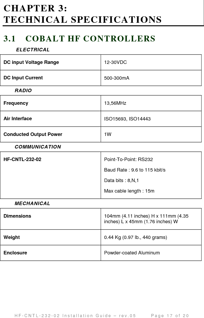                                         H F - C N T L - 2 3 2 - 0 2   I n s t a l l a t i o n   G u i d e   –   r e v . 0 5               P a g e   1 7   o f   2 0   CHAPTER 3:  TECHNICAL SPECIFICATIONS 3.1 CO BALT H F CONT RO LLERS   ELECTRICAL DC input Voltage Range  12-30VDC DC Input Current  500-300mA RADIO Frequency  13,56MHz Air Interface  ISO15693, ISO14443 Conducted Output Power  1W COMMUNICATION HF-CNTL-232-02  Point-To-Point: RS232 Baud Rate : 9.6 to 115 kbit/s Data bits : 8,N,1 Max cable length : 15m  MECHANICAL Dimensions  104mm (4.11 inches) H x 111mm (4.35 inches) L x 45mm (1.76 inches) W Weight  0.44 Kg (0.97 lb., 440 grams) Enclosure  Powder-coated Aluminum    