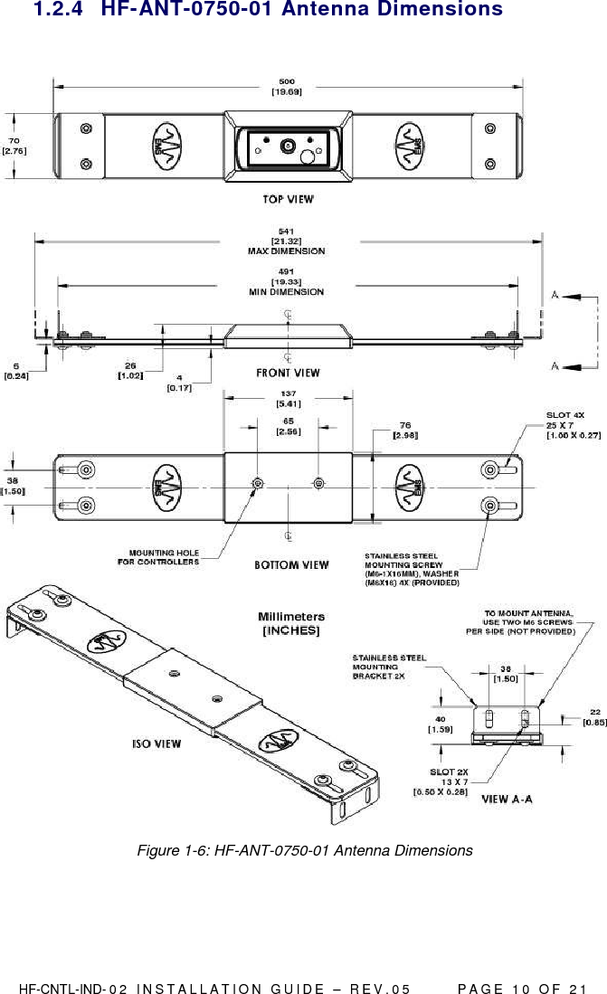  HF-CNTL-IND- 0 2   I N S T A L L A T IO N   G U I D E   –   R E V . 0 5               P A G E   1 0   O F   2 1  1.2.4  HF-ANT-0750-01 Antenna Dimensions   Figure 1-6: HF-ANT-0750-01 Antenna Dimensions 