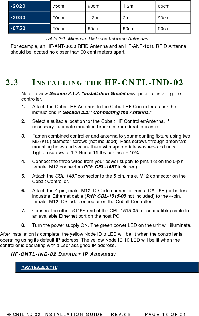  HF-CNTL-IND- 0 2   I N S T A L L A T IO N   G U I D E   –   R E V . 0 5               P A G E   1 3   O F   2 1  -2020  75cm  90cm  1.2m  65cm -3030  90cm  1.2m  2m  90cm -0750  50cm  65cm  90cm  50cm Table 2-1: Minimum Distance between Antennas For example, an HF-ANT-3030 RFID Antenna and an HF-ANT-1010 RFID Antenna should be located no closer than 90 centimeters apart.    2 . 3  IN S T A L L I N G   T H E   H F - C N T L - I N D - 0 2  Note: review Section 2.1.2: “Installation Guidelines” prior to installing the controller. 1.  Attach the Cobalt HF Antenna to the Cobalt HF Controller as per the instructions in Section 2.2: “Connecting the Antenna.” 2.  Select a suitable location for the Cobalt HF Controller/Antenna. If necessary, fabricate mounting brackets from durable plastic. 3.  Fasten combined controller and antenna to your mounting fixture using two M5 (#10) diameter screws (not included). Pass screws through antenna’s mounting holes and secure them with appropriate washers and nuts. Tighten screws to 1.7 Nm or 15 lbs per inch ± 10%. 4.  Connect the three wires from your power supply to pins 1-3 on the 5-pin, female, M12 connector (P/N: CBL-1487 included).  5.  Attach the CBL-1487 connector to the 5-pin, male, M12 connector on the Cobalt Controller.  6.  Attach the 4-pin, male, M12, D-Code connector from a CAT 5E (or better) industrial Ethernet cable (P/N: CBL-1515-05 not included) to the 4-pin, female, M12, D-Code connector on the Cobalt Controller. 7.  Connect the other RJ45S end of the CBL-1515-05 (or compatible) cable to an available Ethernet port on the host PC.  8.  Turn the power supply ON. The green power LED on the unit will illuminate. After installation is complete, the yellow Node ID 8 LED will be lit when the controller is operating using its default IP address. The yellow Node ID 16 LED will be lit when the controller is operating with a user assigned IP address. H F - C N T L - I N D - 0 2  DE F A U L T   I P  AD D R E S S : 192.168.253.110  