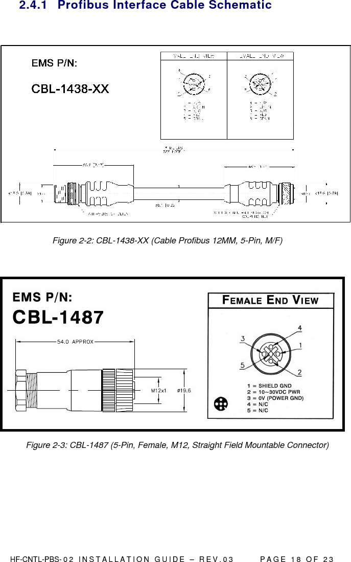  HF-CNTL-PBS- 0 2   I N S T A L L A T I O N   G U I D E   –   R E V . 0 3               P A G E   1 8   O F   2 3  2.4.1  Profibus Interface Cable Schematic                         Figure 2-2: CBL-1438-XX (Cable Profibus 12MM, 5-Pin, M/F)   Figure 2-3: CBL-1487 (5-Pin, Female, M12, Straight Field Mountable Connector)      