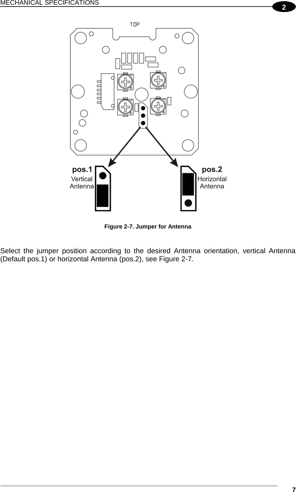 MECHANICAL SPECIFICATIONS  7 2  Figure 2-7. Jumper for Antenna   Select the jumper position according to the desired Antenna orientation, vertical Antenna (Default pos.1) or horizontal Antenna (pos.2), see Figure 2-7. 