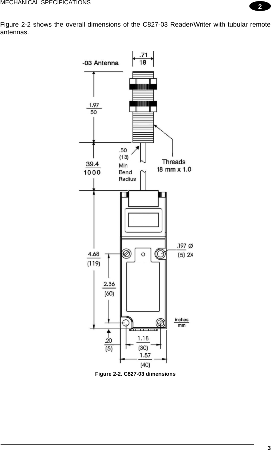 MECHANICAL SPECIFICATIONS  3 2Figure 2-2 shows the overall dimensions of the C827-03 Reader/Writer with tubular remote antennas.    Figure 2-2. C827-03 dimensions   