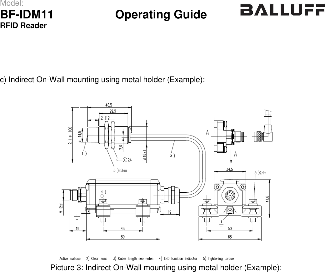 Model:                 BF-IDM11      Operating Guide  RFID Reader       c) Indirect On-Wall mounting using metal holder (Example):    Picture 3: Indirect On-Wall mounting using metal holder (Example):      