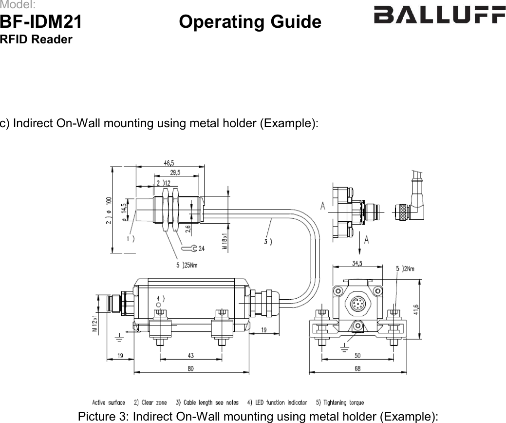 Model:                 BF-IDM21      Operating Guide  RFID Reader       c) Indirect On-Wall mounting using metal holder (Example):    Picture 3: Indirect On-Wall mounting using metal holder (Example):      