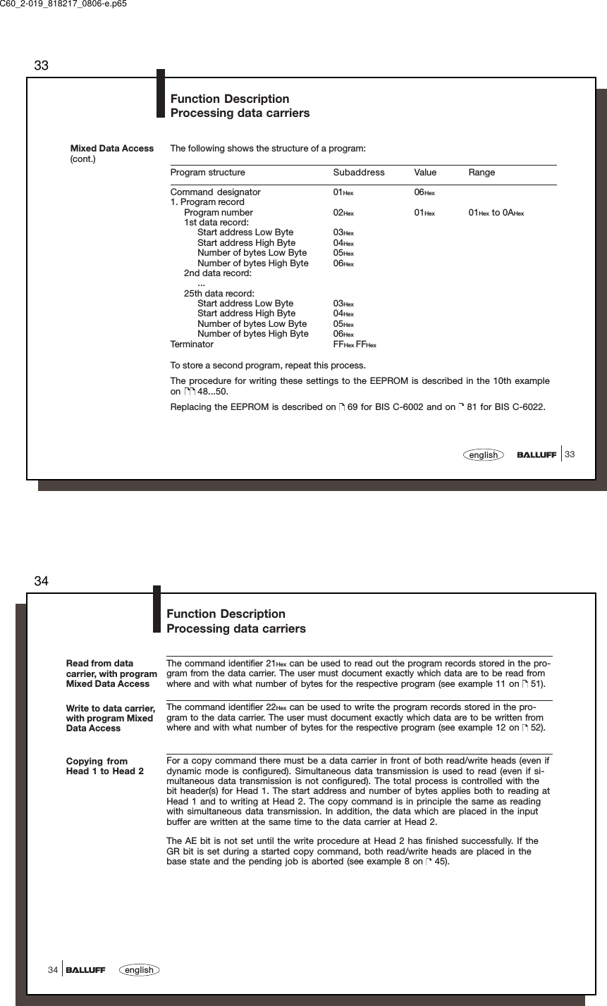 3333englishMixed Data Access(cont.)The following shows the structure of a program:Program structure Subaddress Value RangeCommand designator 01Hex 06Hex1. Program recordProgram number 02Hex 01Hex 01Hex to 0AHex1st data record:Start address Low Byte 03HexStart address High Byte 04HexNumber of bytes Low Byte 05HexNumber of bytes High Byte 06Hex2nd data record:...25th data record:Start address Low Byte 03HexStart address High Byte 04HexNumber of bytes Low Byte 05HexNumber of bytes High Byte 06HexTerminator FFHex FFHexTo store a second program, repeat this process.The procedure for writing these settings to the EEPROM is described in the 10th exampleon   48...50.Replacing the EEPROM is described on   69 for BIS C-6002 and on   81 for BIS C-6022.Function DescriptionProcessing data carriersC60_2-019_818217_0806-e.p6534english34Function DescriptionProcessing data carriersRead from datacarrier, with programMixed Data AccessWrite to data carrier,with program MixedData AccessThe command identifier 21Hex can be used to read out the program records stored in the pro-gram from the data carrier. The user must document exactly which data are to be read fromwhere and with what number of bytes for the respective program (see example 11 on   51).The command identifier 22Hex can be used to write the program records stored in the pro-gram to the data carrier. The user must document exactly which data are to be written fromwhere and with what number of bytes for the respective program (see example 12 on   52).Copying fromHead 1 to Head 2For a copy command there must be a data carrier in front of both read/write heads (even ifdynamic mode is configured). Simultaneous data transmission is used to read (even if si-multaneous data transmission is not configured). The total process is controlled with thebit header(s) for Head 1. The start address and number of bytes applies both to reading atHead 1 and to writing at Head 2. The copy command is in principle the same as readingwith simultaneous data transmission. In addition, the data which are placed in the inputbuffer are written at the same time to the data carrier at Head 2.The AE bit is not set until the write procedure at Head 2 has finished successfully. If theGR bit is set during a started copy command, both read/write heads are placed in thebase state and the pending job is aborted (see example 8 on   45).