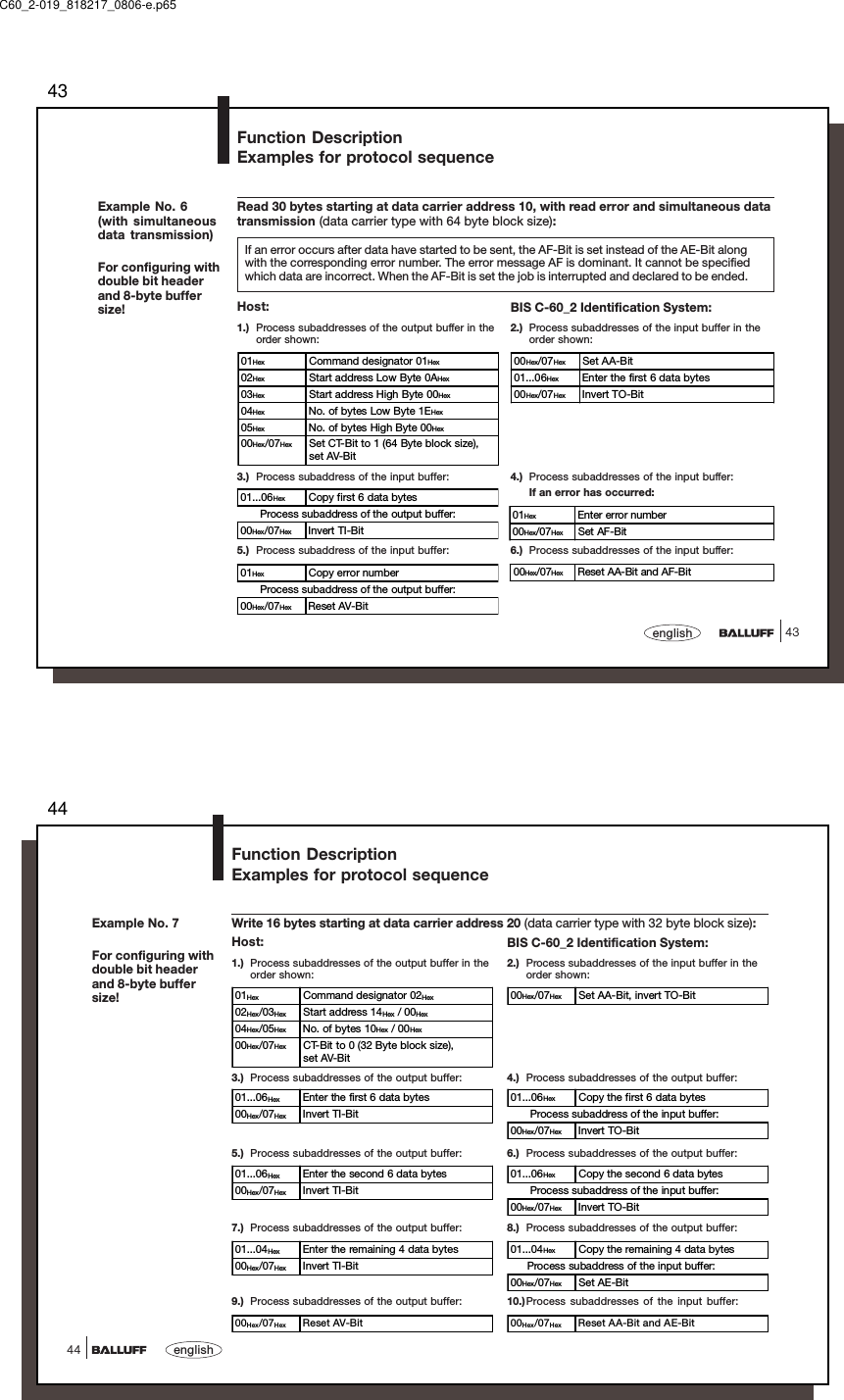4343englishExample No. 6(with simultaneousdata transmission)For configuring withdouble bit headerand 8-byte buffersize!Read 30 bytes starting at data carrier address 10, with read error and simultaneous datatransmission (data carrier type with 64 byte block size):If an error occurs after data have started to be sent, the AF-Bit is set instead of the AE-Bit alongwith the corresponding error number. The error message AF is dominant. It cannot be specifiedwhich data are incorrect. When the AF-Bit is set the job is interrupted and declared to be ended.4.) Process subaddresses of the input buffer:If an error has occurred:01Hex Enter error number00Hex/07Hex Set AF-Bit00Hex/07Hex Set AA-Bit01...06Hex Enter the first 6 data bytes00Hex/07Hex Invert TO-Bit01...06Hex Copy first 6 data bytes      Process subaddress of the output buffer:00Hex/07Hex Invert TI-Bit6.) Process subaddresses of the input buffer:BIS C-60_2 Identification System:2.) Process subaddresses of the input buffer in theorder shown:Host:1.) Process subaddresses of the output buffer in theorder shown:3.) Process subaddress of the input buffer:01Hex Command designator 01Hex02Hex Start address Low Byte 0AHex03Hex Start address High Byte 00Hex04Hex No. of bytes Low Byte 1EHex05Hex No. of bytes High Byte 00Hex00Hex/07Hex Set CT-Bit to 1 (64 Byte block size),set AV-Bit01Hex Copy error number      Process subaddress of the output buffer:00Hex/07Hex Reset AV-Bit00Hex/07Hex Reset AA-Bit and AF-Bit5.) Process subaddress of the input buffer:Function DescriptionExamples for protocol sequenceC60_2-019_818217_0806-e.p6544english44Example No. 7For configuring withdouble bit headerand 8-byte buffersize!Write 16 bytes starting at data carrier address 20 (data carrier type with 32 byte block size):Host:1.) Process subaddresses of the output buffer in theorder shown:BIS C-60_2 Identification System:2.) Process subaddresses of the input buffer in theorder shown:3.) Process subaddresses of the output buffer: 4.) Process subaddresses of the output buffer:9.) Process subaddresses of the output buffer: 10.)Process subaddresses of the input buffer:5.) Process subaddresses of the output buffer: 6.) Process subaddresses of the output buffer:7.) Process subaddresses of the output buffer: 8.) Process subaddresses of the output buffer:01Hex Command designator 02Hex02Hex/03Hex Start address 14Hex / 00Hex04Hex/05Hex No. of bytes 10Hex / 00Hex00Hex/07Hex CT-Bit to 0 (32 Byte block size),set AV-Bit00Hex/07Hex Set AA-Bit, invert TO-Bit01...06Hex Enter the first 6 data bytes00Hex/07Hex Invert TI-Bit01...06Hex Copy the first 6 data bytes      Process subaddress of the input buffer:00Hex/07Hex Invert TO-Bit01...06Hex Enter the second 6 data bytes00Hex/07Hex Invert TI-Bit01...06Hex Copy the second 6 data bytes      Process subaddress of the input buffer:00Hex/07Hex Invert TO-Bit01...04Hex Enter the remaining 4 data bytes00Hex/07Hex Invert TI-Bit01...04Hex Copy the remaining 4 data bytes     Process subaddress of the input buffer:00Hex/07Hex Set AE-Bit00Hex/07Hex Reset AV-Bit 00Hex/07Hex Reset AA-Bit and AE-BitFunction DescriptionExamples for protocol sequence
