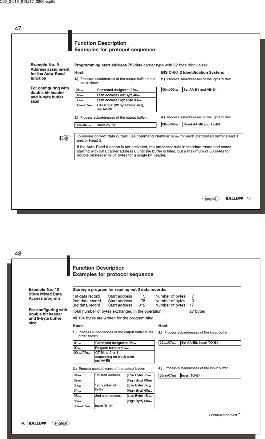 4747englishExample No. 9Address assignmentfor the Auto-ReadfunctionFor configuring withdouble bit headerand 8-byte buffersize!Programming start address 75 (data carrier type with 32 byte block size):01Hex Command designator 06Hex02Hex Start address Low Byte 488ex03Hex Start address High Byte 008ex00Hex/07Hex CT-Bit to 0 (32 byte block size),set AV-Bit00Hex/07Hex Set AA-Bit and AE-BitTo ensure correct data output, use command identifier 07Hex for each distributed buffer Head 1and/or Head 2.If the Auto-Read function is not activated, the processor runs in standard mode and sendsstarting with data carrier address 0 until the buffer is filled, but a maximum of 30 bytes fordouble bit header or 31 bytes for a single bit header.☞Host:1.) Process subaddresses of the output buffer in theorder shown:BIS C-60_2 Identification System:2.) Process subaddresses of the input buffer:3.) Process subaddresses of the output buffer: 4.) Process subaddresses of the input buffer:00Hex/07Hex Reset AV-Bit 00Hex/07Hex Reset AA-Bit and AE-BitFunction DescriptionExamples for protocol sequenceC60_2-019_818217_0806-e.p6548english48Example No. 10Store Mixed DataAccess programFor configuring withdouble bit headerand 8-byte buffersize!Storing a program for reading out 3 data records:1st data record Start address  5 Number of bytes 72nd data record Start address  75 Number of bytes 33rd data record Start address  312 Number of bytes 17Total number of bytes exchanged in the operation: 27 bytesAll 104 bytes are written for the programming.Host:1.) Process subaddresses of the output buffer in theorder shown:Host:2.) Process subaddresses of the input buffer:01Hex Command designator 06Hex02Hex Program number 01Hex00Hex/07Hex CT-Bit to 0 or 1(depending on block size),set AV-Bit00Hex/07Hex Set AA-Bit, invert TO-Bit3.) Process subaddresses of the output buffer: 4.) Process subaddresses of the input buffer:01Hex 1st start address (Low Byte) 05Hex02Hex (High Byte) 00Hex03Hex 1st number ofbytes(Low Byte) 07Hex04Hex (High Byte) 00Hex05Hex 2nd start address (Low Byte) 4BHex06Hex (High Byte) 00Hex00Hex/07Hex Invert TI-Bit00Hex/07Hex Invert TO-BitContinued on next  .Function DescriptionExamples for protocol sequence