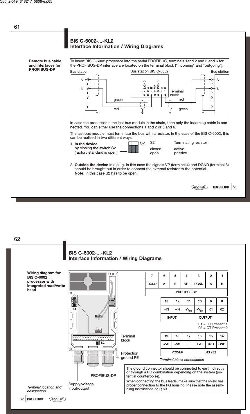 6161englishRemote bus cableand interfaces forPROFIBUS-DPTo insert BIS C-6002 processor into the serial PROFIBUS, terminals 1and 2 and 5 and 6 forthe PROFIBUS-DP interface are located on the terminal block (&quot;incoming&quot; and &quot;outgoing&quot;).In case the processor is the last bus module in the chain, then only the incoming cable is con-nected. You can either use the connections 1 and 2 or 5 and 6.The last bus module must terminate the bus with a resistor. In the case of the BIS C-6002, thiscan be realized in two different ways:1. In the deviceby closing the switch S2(factory standard is open)2. Outside the device in a plug. In this case the signals VP (terminal 4) and DGND (terminal 3)should be brought out in order to connect the external resistor to the potential.Note: In this case S2 has to be open!TerminalblockBus stationS2 Terminating resistorclosed activeopen passiveBus stationBus station BIS C-6002BIS C-6002-...-KL2Interface Information / Wiring Diagramsgreenred greenredC60_2-019_818217_0806-e.p6562english62Wiring diagram forBIS C-6002processor withintegrated read/writeheadTerminal location anddesignationTerminalblockProtectionground PE Terminal block connectionsThe ground connector should be connected to earth  directlyor through a RC combination depending on the system (po-tential counterpoise).When connecting the bus leads, make sure that the shield hasproper connection to the PG housing. Please note the assem-bling instructions on   60.BIS C-6002-...-KL2Interface Information / Wiring Diagrams7654321DGND A B VP DGND A BPROFIBUS-DP13 12 11 10 9 8+IN –IN +VSO –VSO 01 02INPUT OUTPUT19 18 17 16 15 14+VS –VS TxD RxD GNDPOWER RS 232PROFIBUS-DPSupply voltage,input/output01 = CT Present 102 = CT Present 2