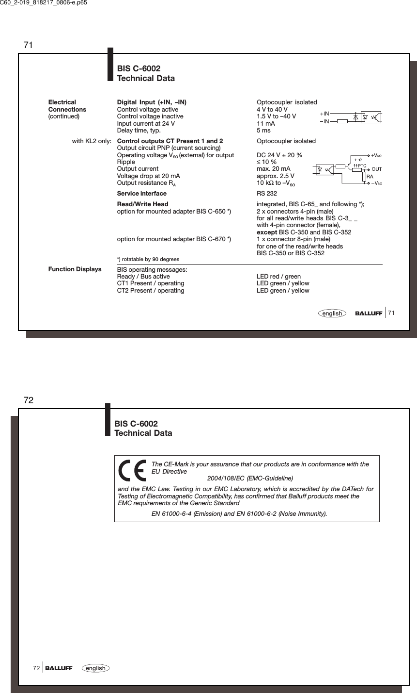 7171englishDigital Input (+IN, –IN) Optocoupler isolatedControl voltage active 4 V to 40 VControl voltage inactive 1.5 V to –40 VInput current at 24 V 11 mADelay time, typ. 5 msControl outputs CT Present 1 and 2 Optocoupler isolatedOutput circuit PNP (current sourcing)Operating voltage VSO (external) for output DC 24 V ± 20 %Ripple ≤ 10 %Output current max. 20 mAVoltage drop at 20 mA approx. 2.5 VOutput resistance RA10 kΩ to –VSOService interface RS 232Read/Write Head integrated, BIS C-65_ and following *);option for mounted adapter BIS C-650 *) 2 x connectors 4-pin (male)for all read/write heads BIS C-3_ _with 4-pin connector (female),except BIS C-350 and BIS C-352option for mounted adapter BIS C-670 *) 1 x connector 8-pin (male)for one of the read/write headsBIS C-350 or BIS C-352BIS operating messages:Ready / Bus active LED red / greenCT1 Present / operating LED green / yellowCT2 Present / operating LED green / yellowElectricalConnections(continued)BIS C-6002Technical DataFunction Displays*) rotatable by 90 degreeswith KL2 only:C60_2-019_818217_0806-e.p6572english72The CE-Mark is your assurance that our products are in conformance with theEU Directive2004/108/EC (EMC-Guideline)and the EMC Law. Testing in our EMC Laboratory, which is accredited by the DATech forTesting of Electromagnetic Compatibility, has confirmed that Balluff products meet theEMC requirements of the Generic StandardEN 61000-6-4 (Emission) and EN 61000-6-2 (Noise Immunity).BIS C-6002Technical Data