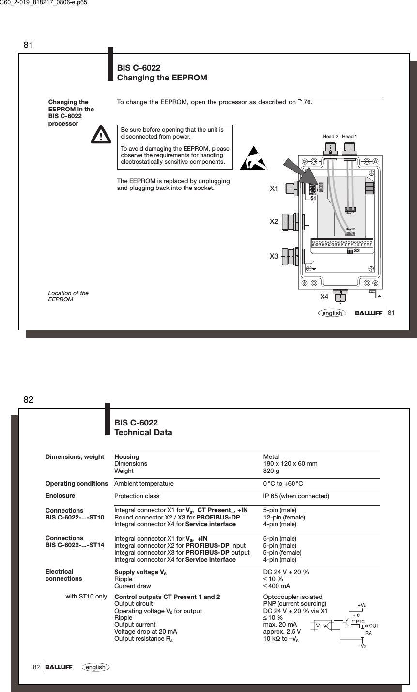 8181englishChanging theEEPROM in theBIS C-6022processorBIS C-6022Changing the EEPROMTo change the EEPROM, open the processor as described on   76.Be sure before opening that the unit isdisconnected from power.To avoid damaging the EEPROM, pleaseobserve the requirements for handlingelectrostatically sensitive components.The EEPROM is replaced by unpluggingand plugging back into the socket.Head 2   Head 1X1X2X312345678Head 1Head 219181716151413121110987654321S1S2X4Location of theEEPROMC60_2-019_818217_0806-e.p6582english82Dimensions, weight Housing MetalDimensions 190 x 120 x 60 mmWeight 820 gAmbient temperature 0 °C to +60 °CProtection class IP 65 (when connected)Integral connector X1 for VS,  CT Present_, +IN 5-pin (male)Round connector X2 / X3 for PROFIBUS-DP 12-pin (female)Integral connector X4 for Service interface 4-pin (male)Integral connector X1 for VS,  +IN 5-pin (male)Integral connector X2 for PROFIBUS-DP input 5-pin (male)Integral connector X3 for PROFIBUS-DP output 5-pin (female)Integral connector X4 for Service interface 4-pin (male)Supply voltage VSDC 24 V ± 20 %Ripple ≤ 10 %Current draw ≤ 400 mAControl outputs CT Present 1 and 2 Optocoupler isolatedOutput circuit PNP (current sourcing)Operating voltage VS for output DC 24 V ± 20 % via X1Ripple ≤ 10 %Output current max. 20 mAVoltage drop at 20 mA approx. 2.5 VOutput resistance RA10 kΩ to –VSBIS C-6022Technical DataOperating conditionsConnectionsBIS C-6022-...-ST14EnclosureElectricalconnectionsConnectionsBIS C-6022-...-ST10with ST10 only: