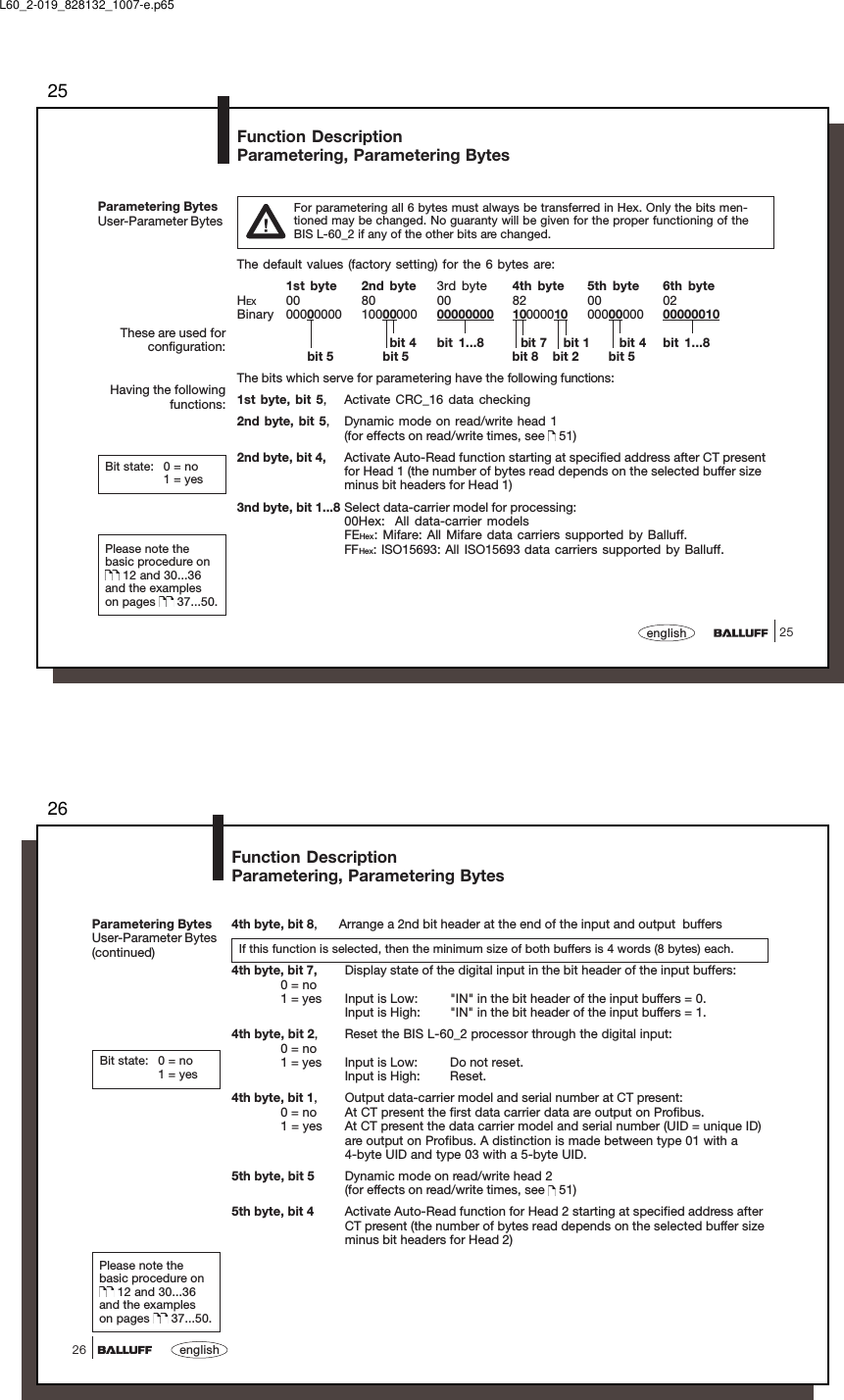 2525englishParametering BytesUser-Parameter BytesFor parametering all 6 bytes must always be transferred in Hex. Only the bits men-tioned may be changed. No guaranty will be given for the proper functioning of theBIS L-60_2 if any of the other bits are changed.The default values (factory setting) for the 6 bytes are:1st byte 2nd byte 3rd byte 4th byte 5th byte 6th byteHEX 00 80 00 82 00 02Binary 00000000 10000000 00000000 10000010 00000000 00000010       bit 4 bit 1...8   bit 7    bit 1       bit 4 bit 1...8      bit 5       bit 5 bit 8    bit 2       bit 5The bits which serve for parametering have the following functions:1st byte, bit 5, Activate CRC_16 data checking2nd byte, bit 5, Dynamic mode on read/write head 1(for effects on read/write times, see   51)2nd byte, bit 4, Activate Auto-Read function starting at specified address after CT presentfor Head 1 (the number of bytes read depends on the selected buffer sizeminus bit headers for Head 1)3nd byte, bit 1...8 Select data-carrier model for processing:00Hex: All data-carrier modelsFEHex: Mifare: All Mifare data carriers supported by Balluff.FFHex: ISO15693: All ISO15693 data carriers supported by Balluff.Function DescriptionParametering, Parametering BytesBit state: 0 = no1 = yesThese are used forconfiguration:Having the followingfunctions:Please note thebasic procedure on 12 and 30...36and the exampleson pages   37...50.L60_2-019_828132_1007-e.p6526english264th byte, bit 8, Arrange a 2nd bit header at the end of the input and output  buffersIf this function is selected, then the minimum size of both buffers is 4 words (8 bytes) each.4th byte, bit 7, Display state of the digital input in the bit header of the input buffers:0 = no1 = yes Input is Low: &quot;IN&quot; in the bit header of the input buffers = 0.Input is High: &quot;IN&quot; in the bit header of the input buffers = 1.4th byte, bit 2, Reset the BIS L-60_2 processor through the digital input:0 = no1 = yes Input is Low: Do not reset.Input is High: Reset.4th byte, bit 1, Output data-carrier model and serial number at CT present:0 = no At CT present the first data carrier data are output on Profibus.1 = yes At CT present the data carrier model and serial number (UID = unique ID)are output on Profibus. A distinction is made between type 01 with a4-byte UID and type 03 with a 5-byte UID.5th byte, bit 5 Dynamic mode on read/write head 2(for effects on read/write times, see   51)5th byte, bit 4 Activate Auto-Read function for Head 2 starting at specified address afterCT present (the number of bytes read depends on the selected buffer sizeminus bit headers for Head 2)Parametering BytesUser-Parameter Bytes(continued)Function DescriptionParametering, Parametering BytesBit state: 0 = no1 = yesPlease note thebasic procedure on 12 and 30...36and the exampleson pages   37...50.