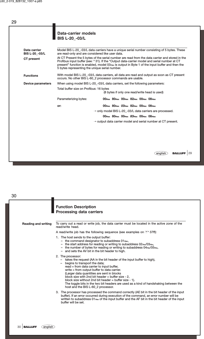 2929englishData-carrier modelsBIS L-20_-03/LCT presentModel BIS L-20_-03/L data carriers have a unique serial number consisting of 5 bytes. Theseare read-only and are considered like user data.At CT Present the 5 bytes of the serial number are read from the data carrier and stored in theProfibus input buffer (see   31). If the “Output data-carrier model and serial number at CTpresent” function is enabled, model 03Hex is output in Byte 1 of the input buffer and then the5 bytes representing the unique serial number.With model BIS L-20_-03/L data carriers, all data are read and output as soon as CT presentoccurs. No other BIS L-60_2 processor commands are usable.When using model BIS L-20_-03/L data carriers, set the following parameters:Total buffer size on Profibus: 16 bytes (8 bytes if only one read/write head is used)Parameterizing bytes: 00Hex 80Hex 00Hex 82Hex 00Hex 08Hexor: 00Hex 80Hex 03Hex 82Hex 00Hex 08Hex→ only model BIS L-20_-03/L data carriers are processed.00Hex 80Hex 00Hex 83Hex 00Hex 08Hex→ output data carrier model and serial number at CT present.FunctionsDevice parametersData carrierBIS L-20_-03/LL60_2-019_828132_1007-e.p6530english30Function DescriptionProcessing data carriersReading and writing To carry out a read or write job, the data carrier must be located in the active zone of theread/write head.A read/write job has the following sequence (see examples on   37ff):1. The host sends to the output buffer:– the command designator to subaddress 01Hex,– the start address for reading or writing to subaddress 02HEX/03HEX,– the number of bytes for reading or writing to subaddress 04HEX/05HEX,– and sets the AV bit in the bit header to high.2. The processor:– takes the request (AA in the bit header of the input buffer to high),– begins to transport the data;read = from data carrier to input buffer,write = from output buffer to data carrier.(Larger data quantities are sent in blocksblock size with 2nd bit header = buffer size - 2,block size without 2nd bit header = buffer size - 1).The toggle bits in the two bit headers are used as a kind of handshaking between thehost and the BIS L-60_2 processor.3. The processor has processed the command correctly (AE bit in the bit header of the inputbuffer). If an error occurred during execution of the command, an error number will bewritten to subaddress 01Hex of the input buffer and the AF bit in the bit header of the inputbuffer will be set.