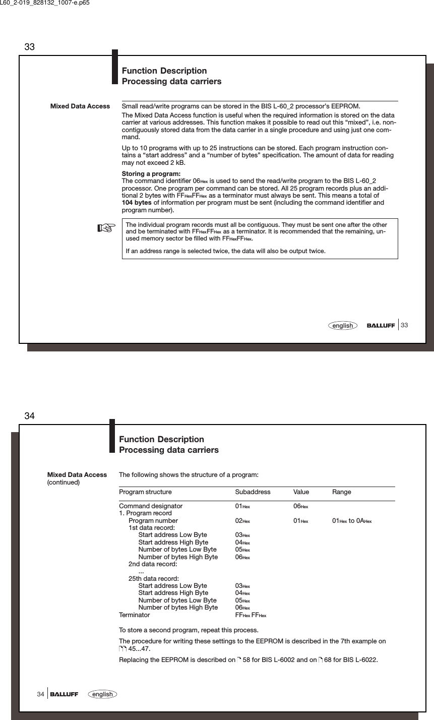 3333englishMixed Data AccessFunction DescriptionProcessing data carriersSmall read/write programs can be stored in the BIS L-60_2 processor’s EEPROM.The Mixed Data Access function is useful when the required information is stored on the datacarrier at various addresses. This function makes it possible to read out this “mixed”, i.e. non-contiguously stored data from the data carrier in a single procedure and using just one com-mand.Up to 10 programs with up to 25 instructions can be stored. Each program instruction con-tains a “start address” and a “number of bytes” specification. The amount of data for readingmay not exceed 2 kB.Storing a program:The command identifier 06Hex is used to send the read/write program to the BIS L-60_2processor. One program per command can be stored. All 25 program records plus an addi-tional 2 bytes with FFHexFFHex as a terminator must always be sent. This means a total of104 bytes of information per program must be sent (including the command identifier andprogram number).The individual program records must all be contiguous. They must be sent one after the otherand be terminated with FFHexFFHex as a terminator. It is recommended that the remaining, un-used memory sector be filled with FFHexFFHex.If an address range is selected twice, the data will also be output twice.☞L60_2-019_828132_1007-e.p6534english34Mixed Data Access(continued)The following shows the structure of a program:Program structure Subaddress Value RangeCommand designator 01Hex 06Hex1. Program recordProgram number 02Hex 01Hex 01Hex to 0AHex1st data record:Start address Low Byte 03HexStart address High Byte 04HexNumber of bytes Low Byte 05HexNumber of bytes High Byte 06Hex2nd data record:...25th data record:Start address Low Byte 03HexStart address High Byte 04HexNumber of bytes Low Byte 05HexNumber of bytes High Byte 06HexTerminator FFHex FFHexTo store a second program, repeat this process.The procedure for writing these settings to the EEPROM is described in the 7th example on 45...47.Replacing the EEPROM is described on   58 for BIS L-6002 and on   68 for BIS L-6022.Function DescriptionProcessing data carriers