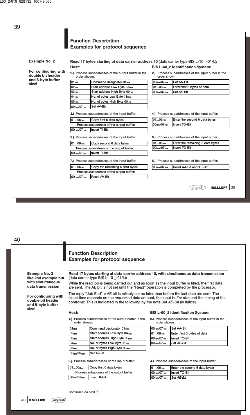 3939englishFunction DescriptionExamples for protocol sequenceRead 17 bytes starting at data carrier address 10 (data carrier type BIS L-10 _-01/L):Example No. 2For configuring withdouble bit headerand 8-byte buffersize!7.) Process subaddresses of the input buffer: 8.) Process subaddresses of the input buffer:BIS L-60_2 Identification System:2.) Process subaddresses of the input buffer in theorder shown:3.) Process subaddresses of the input buffer: 4.) Process subaddresses of the input buffer:6.) Process subaddresses of the input buffer:5.) Process subaddresses of the input buffer:Host:1.) Process subaddresses of the output buffer in theorder shown:01Hex Command designator 01Hex02Hex Start address Low Byte 0AHex03Hex Start address High Byte 00Hex04Hex No. of bytes Low Byte 11Hex05Hex No. of bytes High Byte 00Hex00Hex/07Hex Set AV-Bit00Hex/07Hex Set AA-Bit01...06Hex Enter first 6 bytes of data00Hex/07Hex Set AE-Bit01...06Hex Copy first 6 data bytes      Process subaddress of the output buffer:00Hex/07Hex Invert TI-Bit01...06Hex Enter the second 6 data bytes00Hex/07Hex Invert TO-Bit01...06Hex Copy second 6 data bytes     Process subaddress of the output buffer:00Hex/07Hex Invert TI-Bit01...05Hex Enter the remaining 5 data bytes00Hex/07Hex Invert TO-Bit01...05Hex Copy the remaining 5 data bytes      Process subaddress of the output buffer:00Hex/07Hex Reset AV-Bit00Hex/07Hex Reset AA-Bit and AE-BitL60_2-019_828132_1007-e.p6540english40Function DescriptionExamples for protocol sequenceRead 17 bytes starting at data carrier address 10, with simultaneous data transmission(data carrier type BIS L-10 _-01/L):While the read job is being carried out and as soon as the input buffer is filled, the first dataare sent. The AE bit is not set until the “Read” operation is completed by the processor.The reply “Job End” = AE bit is reliably set no later than before the last data are sent. Theexact time depends on the requested data amount, the input buffer size and the timing of thecontroller. This is indicated in the following by the note Set AE-Bit (in italics).01Hex Command designator 01Hex02Hex Start address Low Byte 0AHex03Hex Start address High Byte 00Hex04Hex No. of bytes Low Byte 11Hex05Hex No. of bytes High Byte 00Hex00Hex/07Hex Set AV-Bit00Hex/07Hex Set AA-Bit01...06Hex Enter first 6 bytes of data00Hex/07Hex Invert TO-Bit00Hex/07Hex Set AE-Bit01...06Hex Enter the second 6 data bytes00Hex/07Hex Invert TO-Bit00Hex/07Hex Set AE-Bit01...06Hex Copy first 6 data bytes      Process subaddress of the output buffer:00Hex/07Hex Invert TI-BitExample No. 3like 2nd example butwith simultaneousdata transmissionFor configuring withdouble bit headerand 8-byte buffersize!Continued on next  .BIS L-60_2 Identification System:2.) Process subaddresses of the input buffer in theorder shown:Host:1.) Process subaddresses of the output buffer in theorder shown:3.) Process subaddresses of the input buffer: 4.) Process subaddresses of the input buffer: