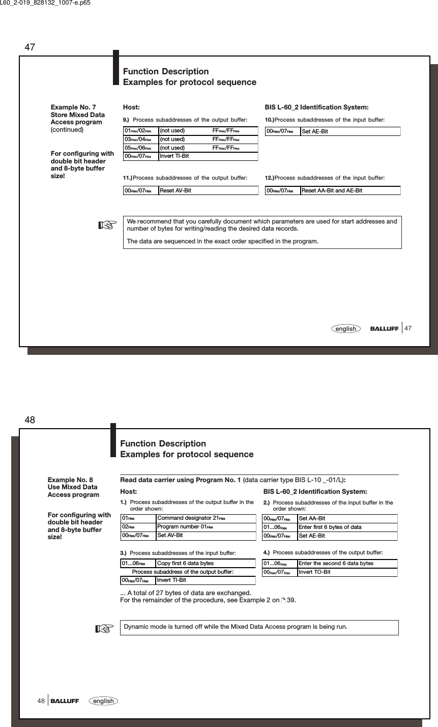 4747englishFunction DescriptionExamples for protocol sequenceHost: BIS L-60_2 Identification System:00Hex/07Hex Reset AV-Bit 00Hex/07Hex Reset AA-Bit and AE-Bit9.) Process subaddresses of the output buffer: 10.)Process subaddresses of the input buffer:01Hex/02Hex (not used) FFHex/FFHex03Hex/04Hex (not used) FFHex/FFHex05Hex/06Hex (not used) FFHex/FFHex00Hex/07Hex Invert TI-Bit00Hex/07Hex Set AE-Bit11.)Process subaddresses of the output buffer: 12.)Process subaddresses of the input buffer:We recommend that you carefully document which parameters are used for start addresses andnumber of bytes for writing/reading the desired data records.The data are sequenced in the exact order specified in the program.☞Example No. 7Store Mixed DataAccess program(continued)For configuring withdouble bit headerand 8-byte buffersize!L60_2-019_828132_1007-e.p6548english48Function DescriptionExamples for protocol sequenceExample No. 8Use Mixed DataAccess programFor configuring withdouble bit headerand 8-byte buffersize!Read data carrier using Program No. 1 (data carrier type BIS L-10 _-01/L):01Hex Command designator 21Hex02Hex Program number 01Hex00Hex/07Hex Set AV-Bit00Hex/07Hex Set AA-Bit01...06Hex Enter first 6 bytes of data00Hex/07Hex Set AE-Bit01...06Hex Enter the second 6 data bytes00Hex/07Hex Invert TO-Bit01...06Hex Copy first 6 data bytes      Process subaddress of the output buffer:00Hex/07Hex Invert TI-Bit... A total of 27 bytes of data are exchanged.For the remainder of the procedure, see Example 2 on   39.Dynamic mode is turned off while the Mixed Data Access program is being run.☞Host:1.) Process subaddresses of the output buffer in theorder shown:BIS L-60_2 Identification System:2.) Process subaddresses of the input buffer in theorder shown:3.) Process subaddresses of the input buffer: 4.) Process subaddresses of the output buffer: