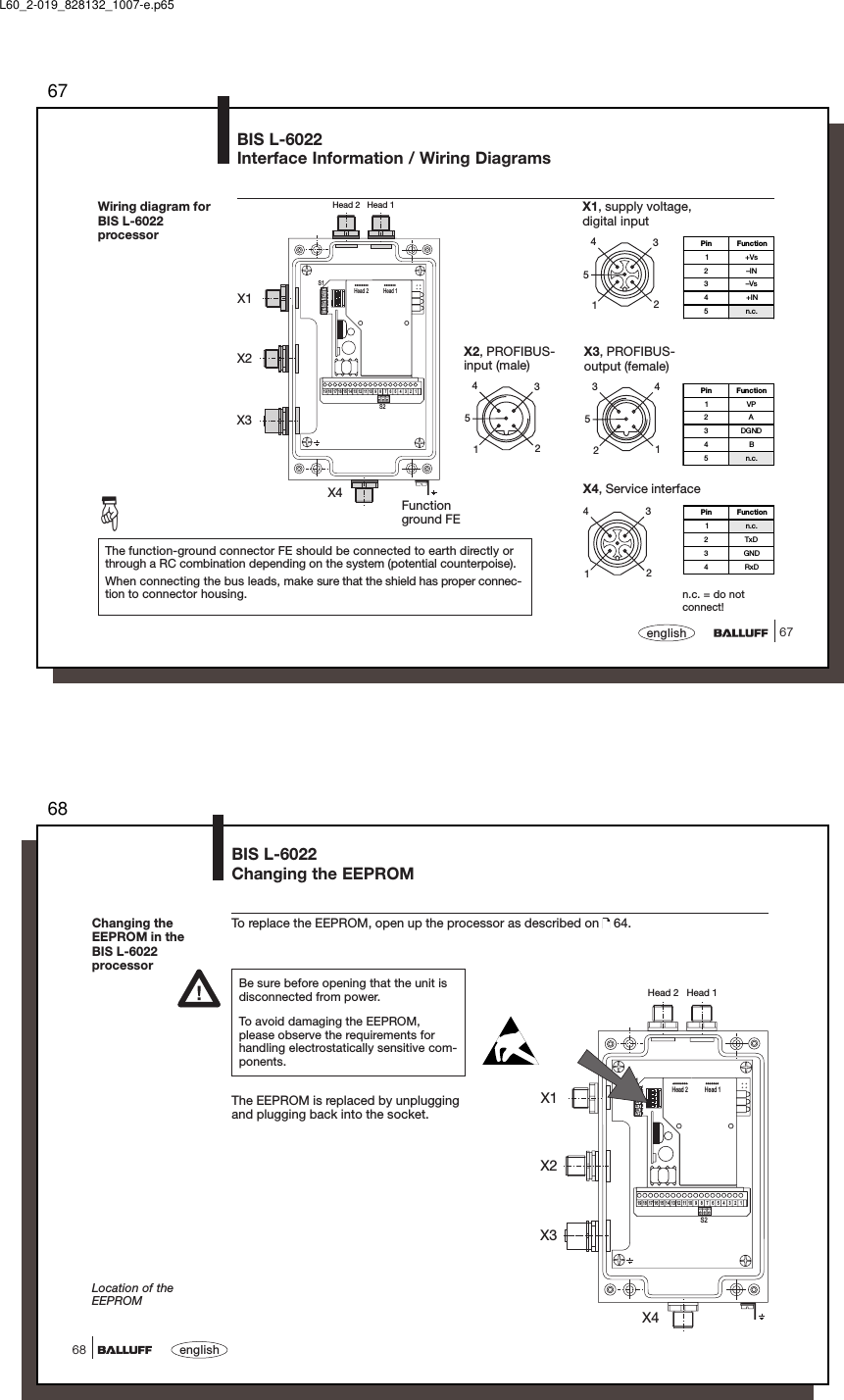 6767englishBIS L-6022Interface Information / Wiring DiagramsHead 2   Head 1X1X2X3X41on243on onon67on on5on8ononon onHead 1Head 2S113246 578911121416 15 13 10S21719 18n.c. = do notconnect!12354X1, supply voltage,digital inputX2, PROFIBUS-input (male)12354X3, PROFIBUS-output (female)21453Pin Function1VP2A3DGND4B5n.c.Wiring diagram forBIS L-6022processor1234X4, Service interfacePin Function1n.c.2TxD3GND4RxDThe function-ground connector FE should be connected to earth directly orthrough a RC combination depending on the system (potential counterpoise).When connecting the bus leads, make sure that the shield has proper connec-tion to connector housing.☞Pin Function1+Vs2–IN3–Vs4+IN5n.c.Functionground FEL60_2-019_828132_1007-e.p6568english68BIS L-6022Changing the EEPROMChanging theEEPROM in theBIS L-6022processorLocation of theEEPROMTo replace the EEPROM, open up the processor as described on   64.Be sure before opening that the unit isdisconnected from power.To avoid damaging the EEPROM,please observe the requirements forhandling electrostatically sensitive com-ponents.The EEPROM is replaced by unpluggingand plugging back into the socket.Head 2   Head 1X1X2X3X41on243on onon67on on5on8ononon onHead 1Head 2S113246 578911121416 15 13 10S21719 18