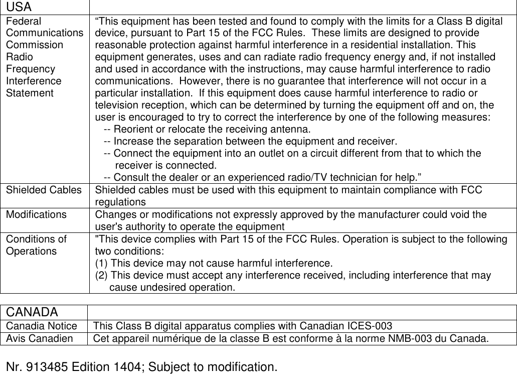 USA   Federal Communications Commission Radio Frequency Interference Statement  “This equipment has been tested and found to comply with the limits for a Class B digital device, pursuant to Part 15 of the FCC Rules.  These limits are designed to provide reasonable protection against harmful interference in a residential installation. This equipment generates, uses and can radiate radio frequency energy and, if not installed and used in accordance with the instructions, may cause harmful interference to radio communications.  However, there is no guarantee that interference will not occur in a particular installation.  If this equipment does cause harmful interference to radio or television reception, which can be determined by turning the equipment off and on, the user is encouraged to try to correct the interference by one of the following measures:    -- Reorient or relocate the receiving antenna.    -- Increase the separation between the equipment and receiver.    -- Connect the equipment into an outlet on a circuit different from that to which the          receiver is connected.    -- Consult the dealer or an experienced radio/TV technician for help.” Shielded Cables  Shielded cables must be used with this equipment to maintain compliance with FCC regulations Modifications  Changes or modifications not expressly approved by the manufacturer could void the user&apos;s authority to operate the equipment  Conditions of Operations  &quot;This device complies with Part 15 of the FCC Rules. Operation is subject to the following two conditions: (1) This device may not cause harmful interference. (2) This device must accept any interference received, including interference that may       cause undesired operation.  CANADA   Canadia Notice   This Class B digital apparatus complies with Canadian ICES-003 Avis Canadien  Cet appareil numérique de la classe B est conforme à la norme NMB-003 du Canada.  Nr. 913485 Edition 1404; Subject to modification.  