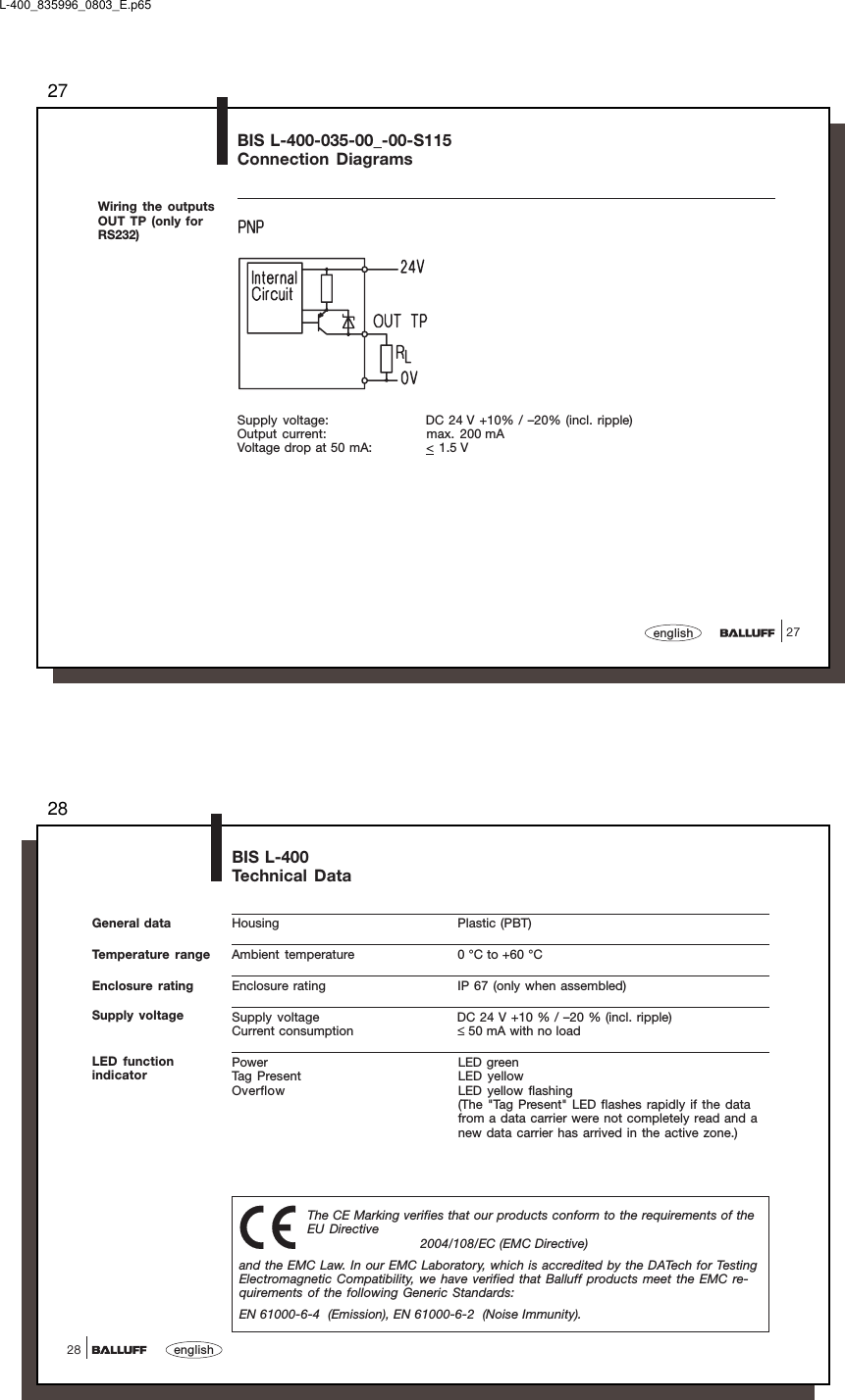 2727englishBIS L-400-035-00_-00-S115Connection DiagramsWiring the outputsOUT TP (only forRS232)Supply voltage: DC 24 V +10% / –20% (incl. ripple)Output current: max. 200 mAVoltage drop at 50 mA: &lt; 1.5 VL-400_835996_0803_E.p6528english28General data Housing Plastic (PBT)Ambient temperature 0 °C to +60 °CEnclosure rating IP 67 (only when assembled)Supply voltage DC 24 V +10 % / –20 % (incl. ripple)Current consumption ≤ 50 mA with no loadPower LED greenTag Present LED yellowOverflow LED yellow flashing(The &quot;Tag Present&quot; LED flashes rapidly if the datafrom a data carrier were not completely read and anew data carrier has arrived in the active zone.)BIS L-400Technical DataTemperature rangeEnclosure ratingSupply voltageThe CE Marking verifies that our products conform to the requirements of theEU Directive2004/108/EC (EMC Directive)and the EMC Law. In our EMC Laboratory, which is accredited by the DATech for TestingElectromagnetic Compatibility, we have verified that Balluff products meet the EMC re-quirements of the following Generic Standards:EN 61000-6-4  (Emission), EN 61000-6-2  (Noise Immunity).LED functionindicator