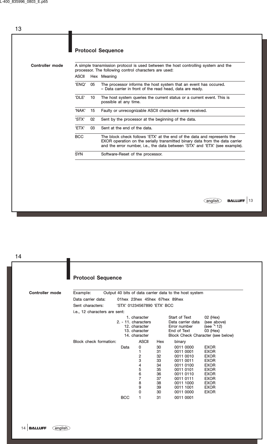 1313englishProtocol SequenceA simple transmission protocol is used between the host controlling system and theprocessor. The following control characters are used:ASCII Hex Meaning&apos;ENQ&apos; 05 The processor informs the host system that an event has occured.– Data carrier in front of the read head, data are ready.&apos;DLE&apos; 10 The host system queries the current status or a current event. This ispossible at any time.&apos;NAK&apos; 15 Faulty or unrecognizable ASCII characters were received.&apos;STX&apos; 02 Sent by the processor at the beginning of the data.&apos;ETX&apos; 03 Sent at the end of the data.BCC The block check follows &apos;ETX&apos; at the end of the data and represents theEXOR operation on the serially transmitted binary data from the data carrierand the error number, i.e., the data between &apos;STX&apos; and &apos;ETX&apos; (see example).SYN Software-Reset of the processor.Controller modeL-400_835996_0803_E.p6514english14Example: Output 40 bits of data carrier data to the host systemData carrier data: 01hex  23hex  45hex  67hex  89hexSent characters: &apos;STX&apos; 01234567890 &apos;ETX&apos; BCCi.e., 12 characters are sent:1. character Start of Text 02 (Hex)2. - 11. characters Data carrier data (see above)12. character Error number (see   12)13. character End of Text 03 (Hex)14. character Block Check Character (see below)Block check formation: ASCII Hex binaryData 0 30 0011 0000 EXOR1 31 0011 0001 EXOR2 32 0011 0010 EXOR3 33 0011 0011 EXOR4 34 0011 0100 EXOR5 35 0011 0101 EXOR6 36 0011 0110 EXOR7 37 0011 0111 EXOR8 38 0011 1000 EXOR9 39 0011 1001 EXOR0 30 0011 0000 EXORBCC 1 31 0011 0001Controller modeProtocol Sequence