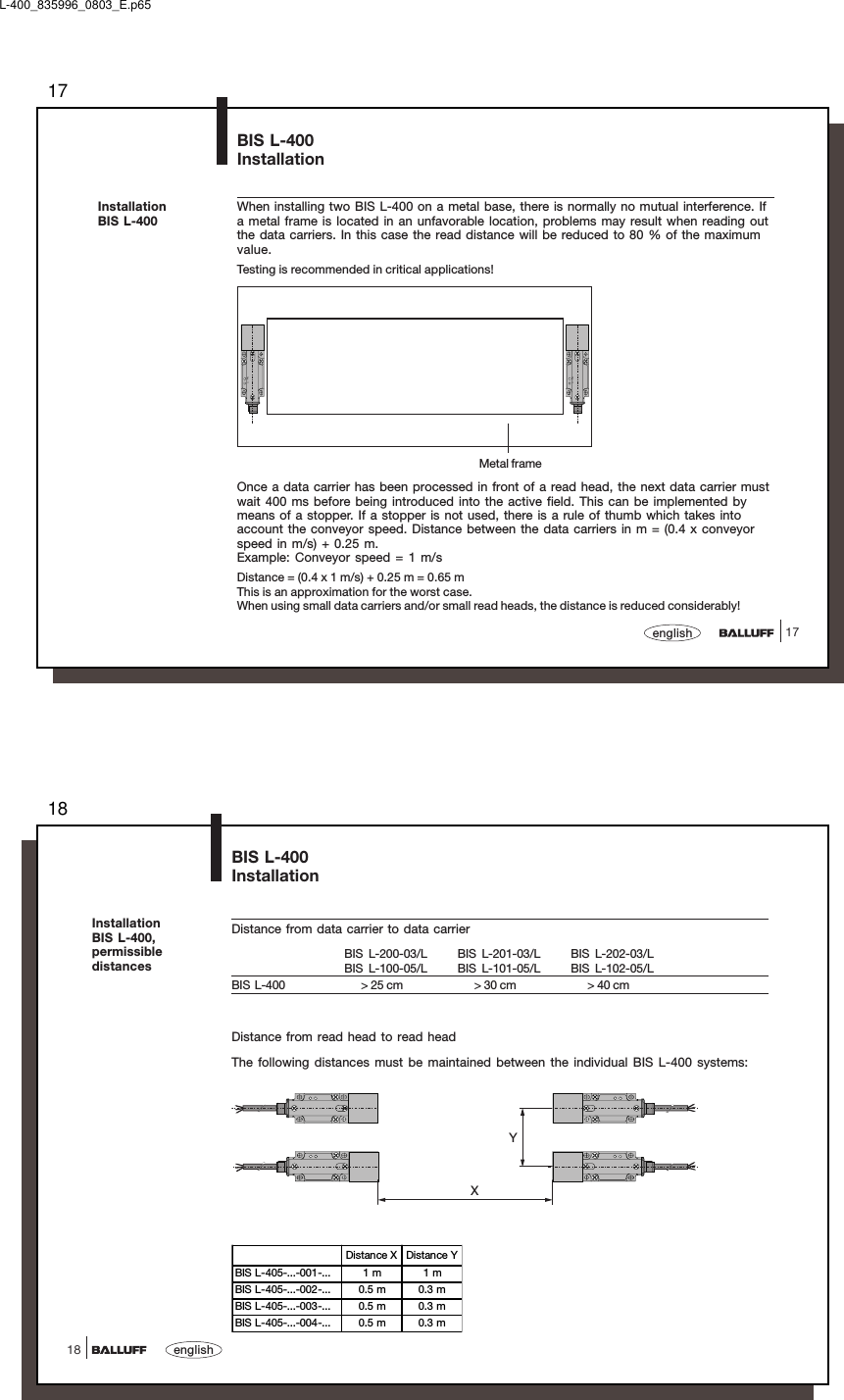 1717englishPower TPPower TPBIS L-400InstallationMetal frameInstallationBIS L-400When installing two BIS L-400 on a metal base, there is normally no mutual interference. Ifa metal frame is located in an unfavorable location, problems may result when reading outthe data carriers. In this case the read distance will be reduced to 80 % of the maximumvalue.Testing is recommended in critical applications!Once a data carrier has been processed in front of a read head, the next data carrier mustwait 400 ms before being introduced into the active field. This can be implemented bymeans of a stopper. If a stopper is not used, there is a rule of thumb which takes intoaccount the conveyor speed. Distance between the data carriers in m = (0.4 x conveyorspeed in m/s) + 0.25 m.Example: Conveyor speed = 1 m/sDistance = (0.4 x 1 m/s) + 0.25 m = 0.65 mThis is an approximation for the worst case.When using small data carriers and/or small read heads, the distance is reduced considerably!L-400_835996_0803_E.p6518english18BIS L-400InstallationInstallationBIS L-400,permissibledistancesDistance from data carrier to data carrierBIS L-200-03/L BIS L-201-03/L BIS L-202-03/LBIS L-100-05/L BIS L-101-05/L BIS L-102-05/LBIS  L-400       &gt; 25 cm       &gt; 30 cm       &gt; 40 cmDistance from read head to read headThe following distances must be maintained between the individual BIS L-400 systems:XYDistance X Distance YBIS L-405-...-001-... 1 m 1 mBIS L-405-...-002-... 0.5 m 0.3 mBIS L-405-...-003-... 0.5 m 0.3 mBIS L-405-...-004-... 0.5 m 0.3 m