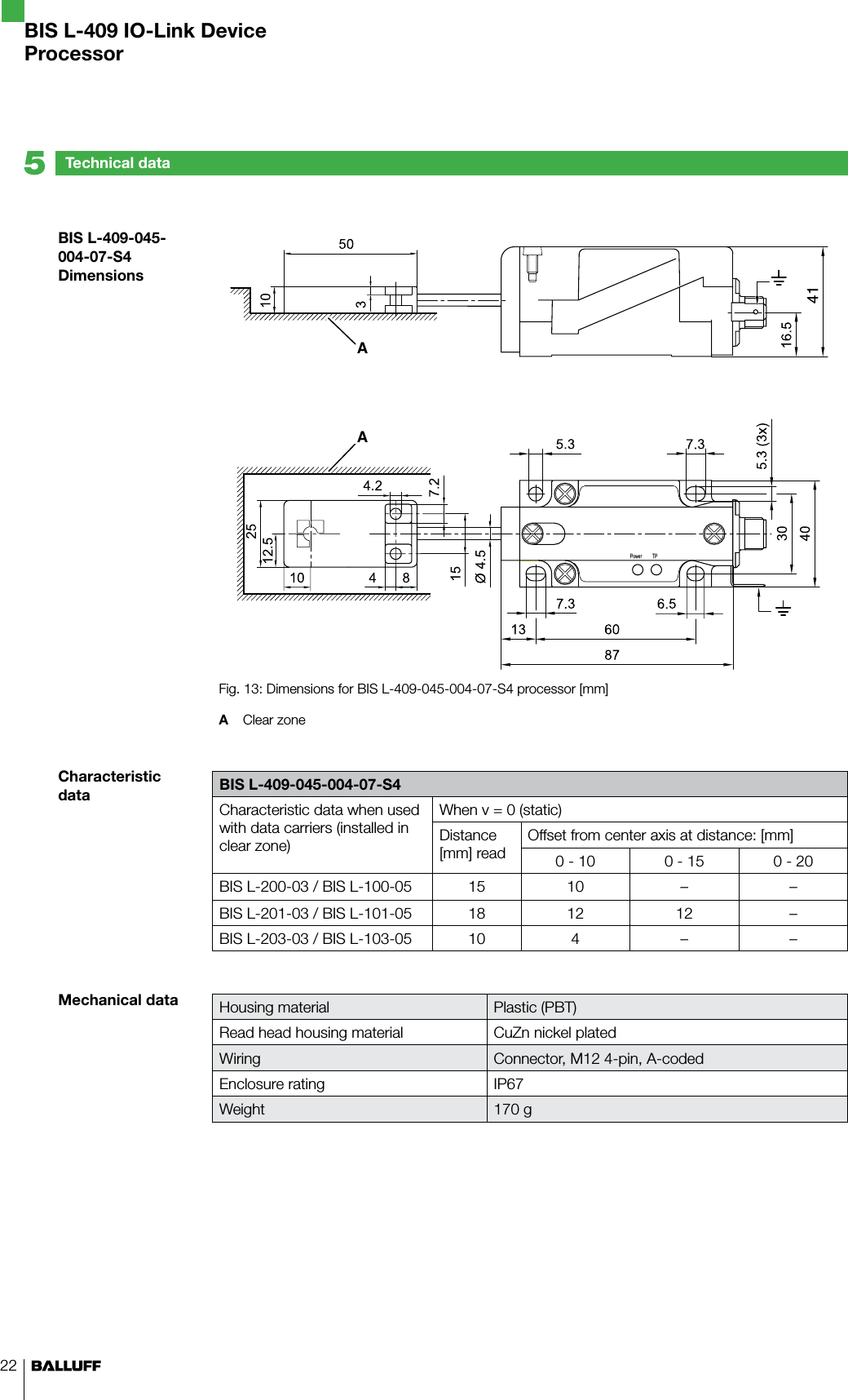 22  BIS L-409-045-004-07-S4DimensionsCharacteristic dataMechanical dataAA41Fig. 13: Dimensions for BIS L-409-045-004-07-S4 processor [mm]A  Clear zone BIS L-409-045-004-07-S4Characteristic data when used with data carriers (installed in clear zone)When v = 0 (static)Distance [mm] readOffset from center axis at distance: [mm]0 - 10 0 - 15 0 - 20BIS L-200-03 / BIS L-100-05 15 10 – –BIS L-201-03 / BIS L-101-05 18 12 12 –BIS L-203-03 / BIS L-103-05 10 4 – –Housing material Plastic (PBT)Read head housing material CuZn nickel platedWiring Connector, M12 4-pin, A-codedEnclosure rating IP67Weight 170 gTechnical data5BIS L-409 IO-Link DeviceProcessor