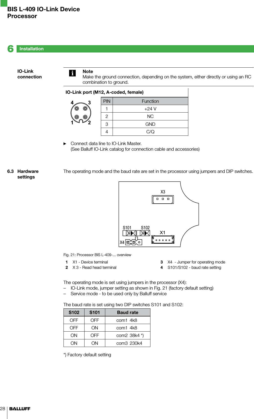 28NoteMake the ground connection, depending on the system, either directly or using an RC combination to ground. IO-Link port (M12, A-coded, female)PIN Function1 +24 V2 NC3 GND4 C/QConnect data line to IO-Link Master. (See Balluff IO-Link catalog for connection cable and accessories)The operating mode and the baud rate are set in the processor using jumpers and DIP switches.ON S101 ON X1 S102 X3 X4 Fig. 21: Processor BIS L-409-... overview1  X1 - Device terminal2  X 3 - Read head terminal3  X4  - Jumper for operating mode4  S101/S102 - baud rate settingThe operating mode is set using jumpers in the processor (X4):IO-Link mode, jumper setting as shown in Fig. 21 (factory default setting)Service mode - to be used only by Balluff serviceThe baud rate is set using two DIP switches S101 and S102:S102 S101 Baud rateOFF OFF com1  4k8OFF ON com1  4k8ON OFF com2  38k4 *)ON ON com3 230k4*) Factory default setting►––IO-Link connection6.3  Hardware settingsInstallation6BIS L-409 IO-Link DeviceProcessor