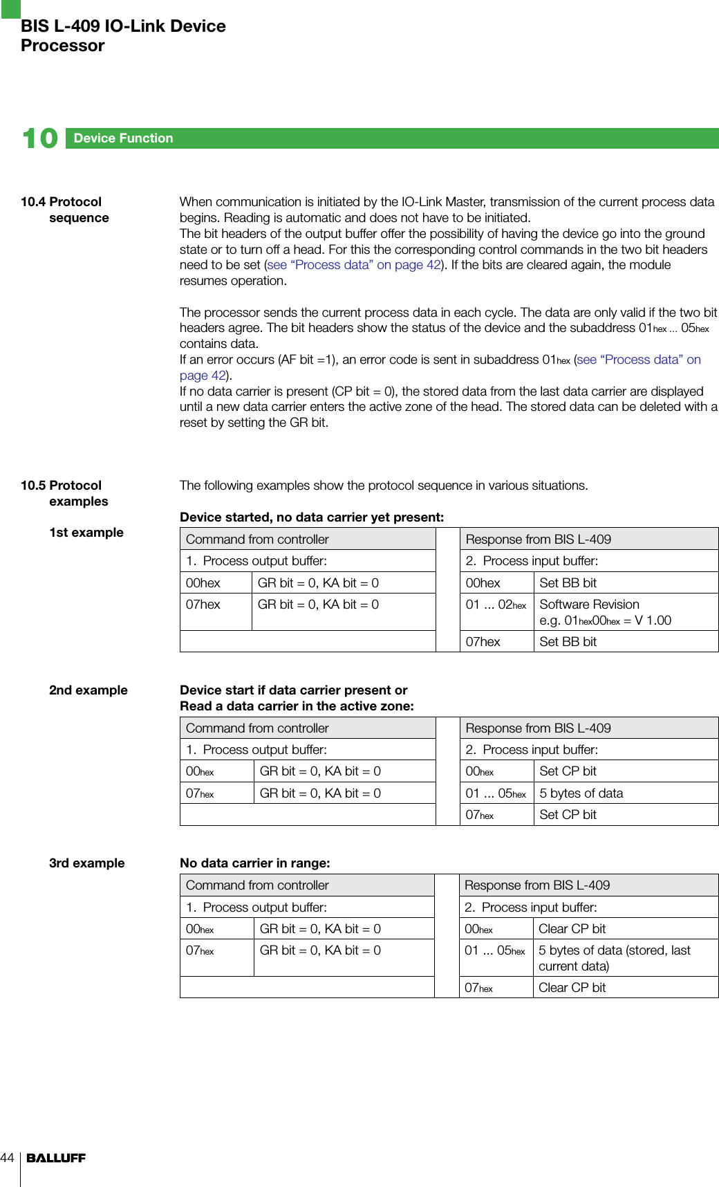 44When communication is initiated by the IO-Link Master, transmission of the current process data begins. Reading is automatic and does not have to be initiated. The bit headers of the output buffer offer the possibility of having the device go into the ground state or to turn off a head. For this the corresponding control commands in the two bit headers need to be set (see “Process data” on page 42). If the bits are cleared again, the module resumes operation.The processor sends the current process data in each cycle. The data are only valid if the two bit headers agree. The bit headers show the status of the device and the subaddress 01hex … 05hex contains data. If an error occurs (AF bit =1), an error code is sent in subaddress 01hex (see “Process data” on page 42).If no data carrier is present (CP bit = 0), the stored data from the last data carrier are displayed until a new data carrier enters the active zone of the head. The stored data can be deleted with a reset by setting the GR bit.The following examples show the protocol sequence in various situations.Device started, no data carrier yet present:Command from controller Response from BIS L-4091.  Process output buffer: 2.  Process input buffer:00hex GR bit = 0, KA bit = 0 00hex Set BB bit07hex GR bit = 0, KA bit = 0 01 ... 02hex Software Revision e.g. 01hex00hex = V 1.0007hex Set BB bitDevice start if data carrier present orRead a data carrier in the active zone:Command from controller Response from BIS L-4091.  Process output buffer: 2.  Process input buffer:00hex GR bit = 0, KA bit = 0 00hex Set CP bit07hex GR bit = 0, KA bit = 0 01 ... 05hex 5 bytes of data07hex Set CP bitNo data carrier in range:Command from controller Response from BIS L-4091.  Process output buffer: 2.  Process input buffer:00hex GR bit = 0, KA bit = 0 00hex Clear CP bit07hex GR bit = 0, KA bit = 0 01 ... 05hex 5 bytes of data (stored, last current data)07hex Clear CP bit10.4 Protocol sequence10.5 Protocol examples1st example2nd example3rd exampleDevice Function10BIS L-409 IO-Link DeviceProcessor