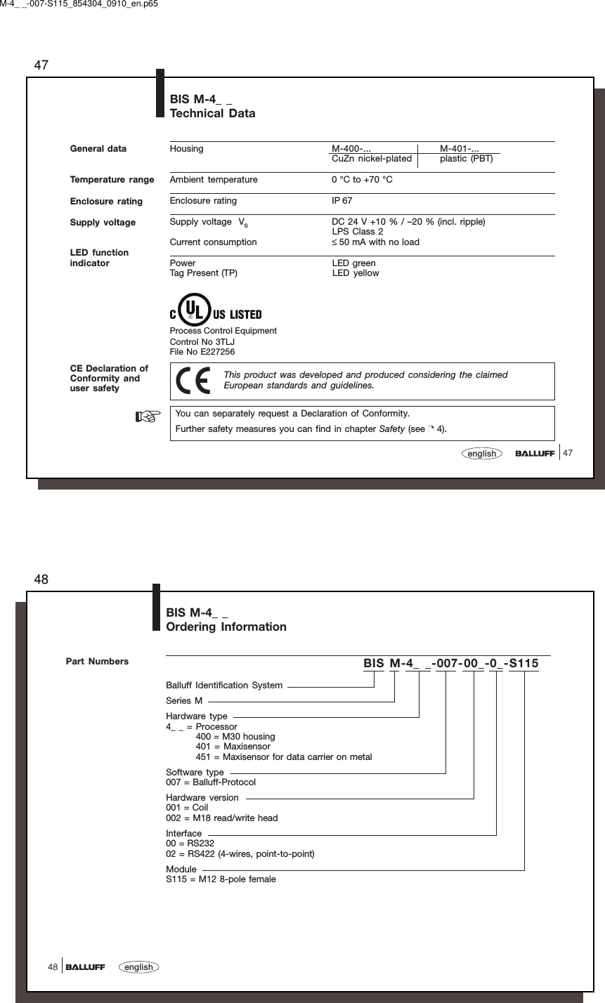 4747englishBIS M-4_ _Technical DataGeneral data Housing M-400-... M-401-...CuZn nickel-plated plastic (PBT)Ambient temperature 0 °C to +70 °CEnclosure rating IP 67Supply voltage  VSDC 24 V +10 % / –20 % (incl. ripple)LPS Class 2Current consumption ≤ 50 mA with no loadPower LED greenTag Present (TP) LED  yellowTemperature rangeEnclosure ratingSupply voltageLED functionindicatorThis product was developed and produced considering the claimedEuropean standards and guidelines.Control No 3TLJFile No E227256Process Control EquipmentCE Declaration ofConformity anduser safety☞You can separately request a Declaration of Conformity.Further safety measures you can find in chapter Safety (see   4).M-4_ _-007-S115_854304_0910_en.p6548english48BIS M-4_ _Ordering InformationPart NumbersBalluff Identification SystemSeries MHardware type4_ _ = Processor400 = M30 housing401 = Maxisensor451 = Maxisensor for data carrier on metalSoftware type007 = Balluff-ProtocolHardware version001 = Coil002 = M18 read/write headInterface00 = RS23202 = RS422 (4-wires, point-to-point)ModuleS115 = M12 8-pole femaleBIS M-4_ _-007-00_-0_-S115