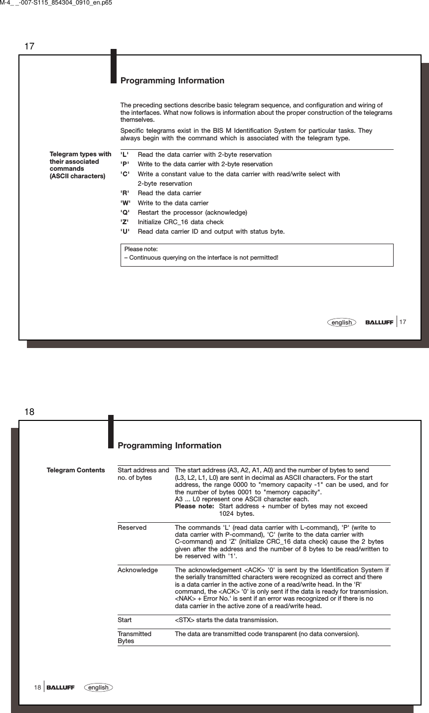 1717englishThe preceding sections describe basic telegram sequence, and configuration and wiring ofthe interfaces. What now follows is information about the proper construction of the telegramsthemselves.Specific telegrams exist in the BIS M Identification System for particular tasks. Theyalways begin with the command which is associated with the telegram type.&apos;L&apos; Read the data carrier with 2-byte reservation&apos;P&apos; Write to the data carrier with 2-byte reservation&apos;C&apos; Write a constant value to the data carrier with read/write select with2-byte reservation&apos;R&apos; Read the data carrier&apos;W&apos; Write to the data carrier&apos;Q&apos; Restart the processor (acknowledge)&apos;Z&apos; Initialize CRC_16 data check&apos;U&apos; Read data carrier ID and output with status byte.Please note:– Continuous querying on the interface is not permitted!Telegram types withtheir associatedcommands(ASCII characters)Programming InformationM-4_ _-007-S115_854304_0910_en.p6518english18Telegram Contents Start address and The start address (A3, A2, A1, A0) and the number of bytes to sendno. of bytes (L3, L2, L1, L0) are sent in decimal as ASCII characters. For the startaddress, the range 0000 to &quot;memory capacity -1&quot; can be used, and forthe number of bytes 0001 to &quot;memory capacity&quot;.A3 ... L0 represent one ASCII character each.Please note: Start address + number of bytes may not exceed1024 bytes.Reserved The commands &apos;L&apos; (read data carrier with L-command), &apos;P&apos; (write todata carrier with P-command), &apos;C&apos; (write to the data carrier withC-command) and &apos;Z&apos; (initialize CRC_16 data check) cause the 2 bytesgiven after the address and the number of 8 bytes to be read/written tobe reserved with &apos;1&apos;.Acknowledge The acknowledgement &lt;ACK&gt; &apos;0&apos; is sent by the Identification System ifthe serially transmitted characters were recognized as correct and thereis a data carrier in the active zone of a read/write head. In the &apos;R&apos;command, the &lt;ACK&gt; &apos;0&apos; is only sent if the data is ready for transmission.&lt;NAK&gt; + Error No.&apos; is sent if an error was recognized or if there is nodata carrier in the active zone of a read/write head.Start &lt;STX&gt; starts the data transmission.Transmitted The data are transmitted code transparent (no data conversion).BytesProgramming Information