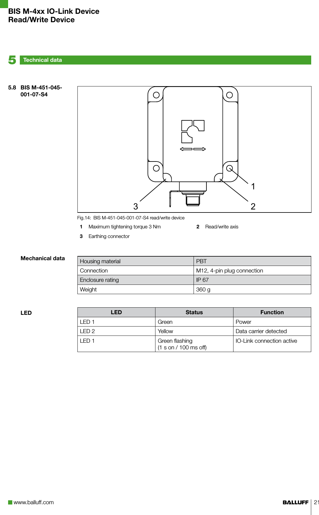 www.balluff.com 21BIS M-451-045-001-07-S4 read/write deviceFig.14: 1  Maximum tightening torque 3 Nm 2  Read/write axis3  Earthing connectorHousing material PBTConnection M12, 4-pin plug connectionEnclosure rating IP 67Weight 360 gLED Status FunctionLED 1 Green PowerLED 2 Yellow Data carrier detectedLED 1 Green flashing (1 s on / 100 ms off)IO-Link connection active5.8  BIS M-451-045-001-07-S4Mechanical dataLEDTechnical data5BIS M-4xx IO-Link DeviceRead/Write Device