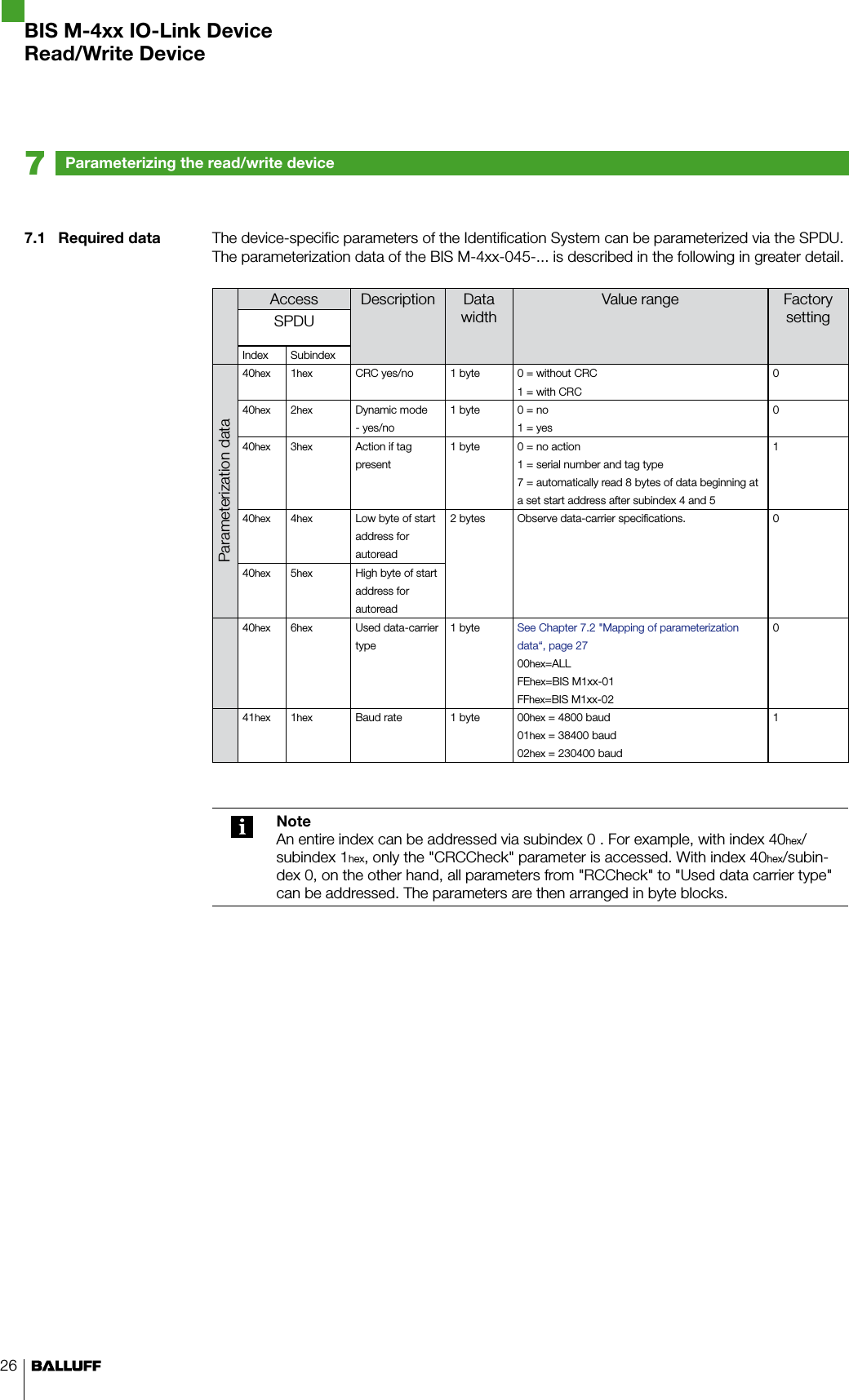 267.1  Required data The device-specific parameters of the Identification System can be parameterized via the SPDU. The parameterization data of the BIS M-4xx-045-... is described in the following in greater detail.Access Description Data widthValue range Factory settingSPDUIndex SubindexParameterization data40hex 1hex CRC yes/no 1 byte 0 = without CRC1 = with CRC040hex 2hex Dynamic mode  - yes/no1 byte 0 = no1 = yes040hex 3hex Action if tag present1 byte 0 = no action1 = serial number and tag type7 = automatically read 8 bytes of data beginning at a set start address after subindex 4 and 5140hex 4hex Low byte of start address for autoread2 bytes Observe data-carrier specifications. 040hex 5hex High byte of start address for autoread40hex 6hex Used data-carrier type1 byte See Chapter 7.2 &quot;Mapping of parameterization data“, page 2700hex=ALLFEhex=BIS M1xx-01FFhex=BIS M1xx-02041hex 1hex Baud rate 1 byte 00hex = 4800 baud01hex = 38400 baud02hex = 230400 baud1NoteAn entire index can be addressed via subindex 0 . For example, with index 40hex/subindex 1hex, only the &quot;CRCCheck&quot; parameter is accessed. With index 40hex/subin-dex 0, on the other hand, all parameters from &quot;RCCheck&quot; to &quot;Used data carrier type&quot; can be addressed. The parameters are then arranged in byte blocks.Parameterizing the read/write device7BIS M-4xx IO-Link DeviceRead/Write Device