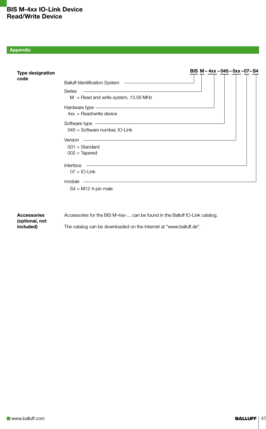 www.balluff.com 47  Type designation code  Accessories (optional, not included)AppendixBIS M-4xx IO-Link DeviceRead/Write DeviceBIS M – 4xx – 045 – 0xx –07– S4Balluff Identification SystemSeries    M = Read and write system, 13.56 MHz Hardware type4xx = Read/write deviceSoftware type045 = Software number, IO-LinkVersion001 = Standard002 = Taperedinterface   0 7 = IO-Linkmodule    S4 = M12 4-pin maleAccessories for the BIS M-4xx-... can be found in the Balluff IO-Link catalog.The catalog can be downloaded on the Internet at &quot;www.balluff.de&quot;.